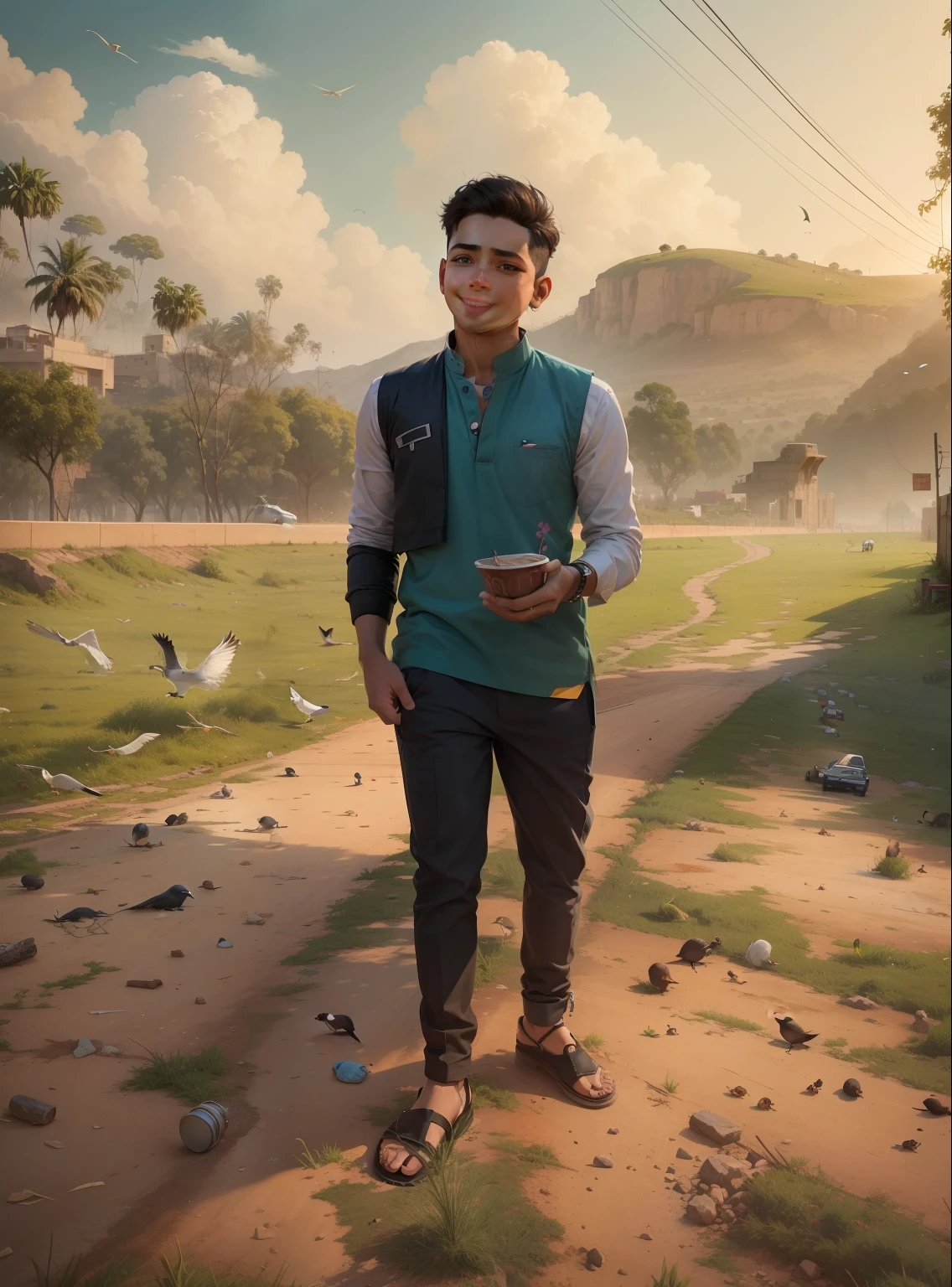 Is image me is boy ko cartoon type bana do cute sa aur iske side me jo rad hai usme best car ja rahe ho. Cartoon face best background and road pe cars. Aur sky par birds wo bhi colour full. Boy ke chehre par smile hona chahiye aur face achchha aana chahiye. Aur thoda cartoon type dikhna chahiye. Aur sky par birds aur road par cars jarur rahna chahiye.