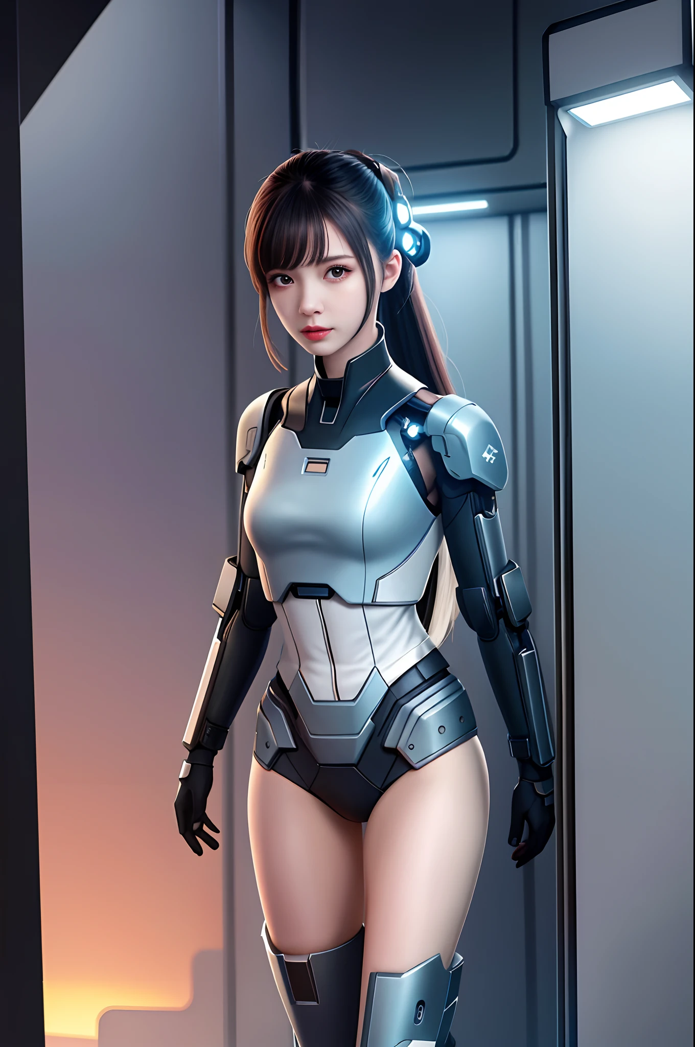dystopian， [sci-fy]， High-detail RAW color photos， full-shot， 's （cute female arterial intelligence， cybernetically enhanced）， inside in room， standing on your feet， （In a cryogenic chamber， In state-of-the-art cyberpunk research institutes）， Toned physique， （Small lively breasts， Normal， big assa，pony tails （paleskin）， （cybernetic implants：1.2）， （enhancer）， （cyborg people：1.1）， （Detailed skins， Diffuse of skin pores）， silica gel， metals， （highly  detailed， finedetail， 复杂）， （lens flare glow：0.4）， （flood：0.4），diffused soft lighting，Ray traching，shallowdepthoffield，（Oliver Waite），taken on a Canon EOS 5D，90mm micro lens，f / 8，Clear focal length，Smoothness，Motion picture film，A scene from the《Blade Runner 2049》，[cyber punk perssonage：Dieselpunk：0.25]