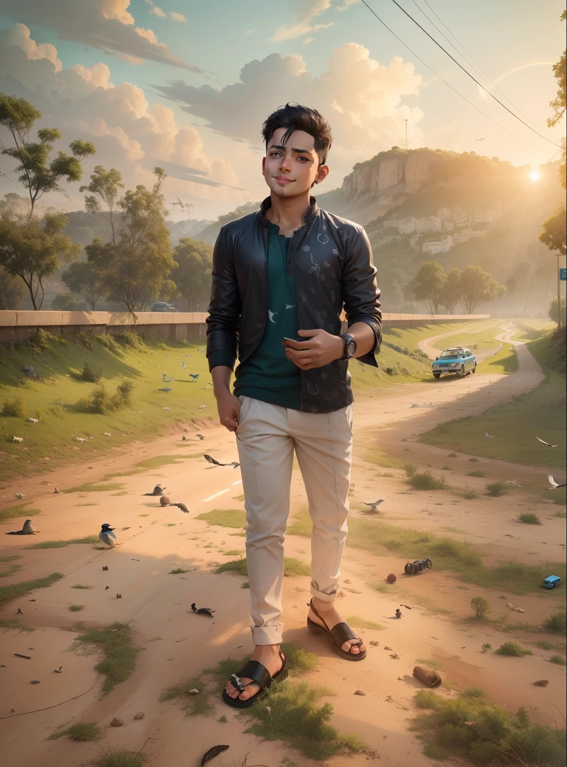 Is image me is boy ko cartoon type bana do cute sa aur iske side me jo rad hai usme best car ja rahe ho. Cartoon face best background and road pe cars. Aur sky par birds wo bhi colour full. Boy ke chehre par smile hona chahiye aur face achchha aana chahiye. Aur thoda cartoon type dikhna chahiye. Aur sky par birds aur road par cars jarur rahna chahiye.