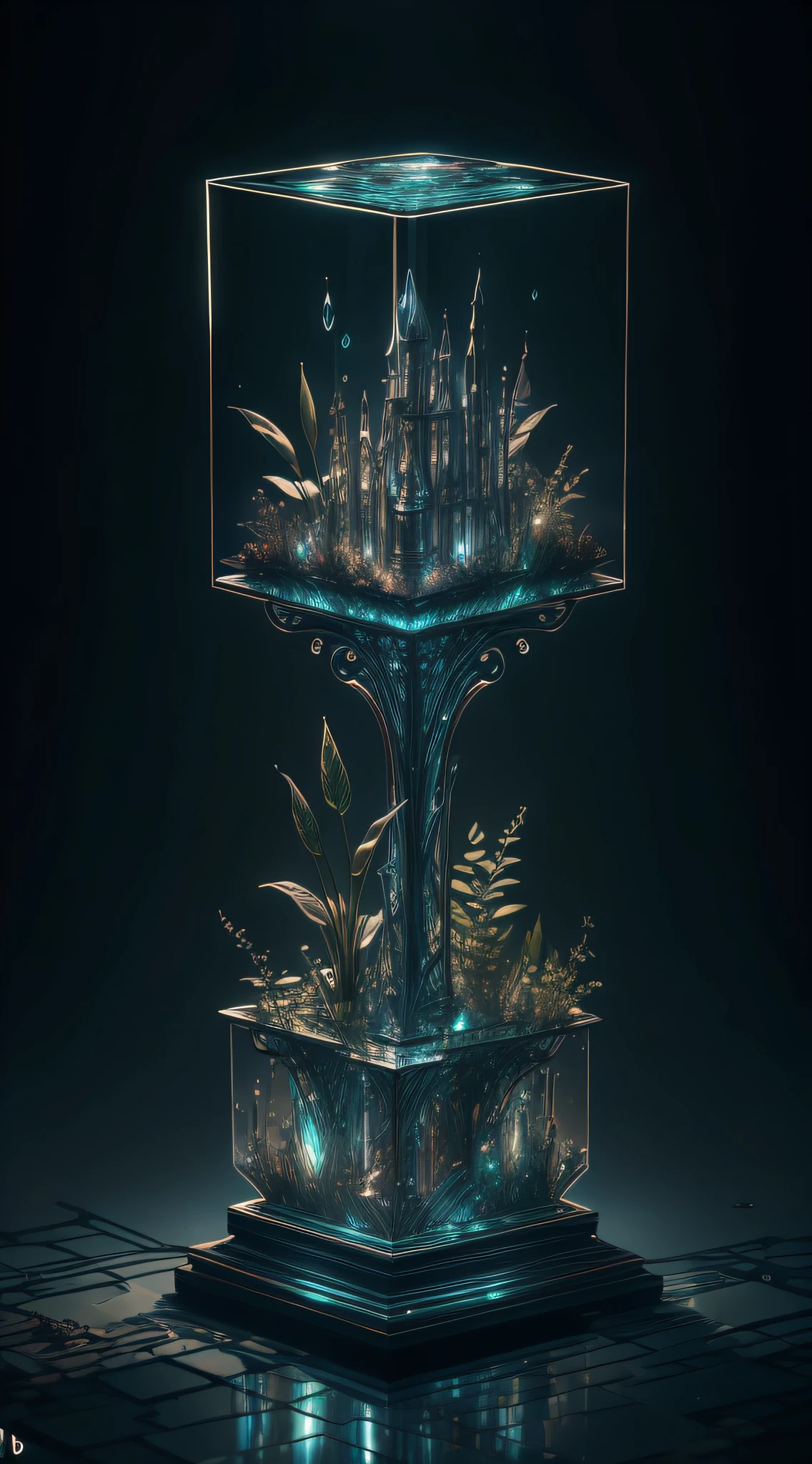 masterpiece of glass sculpture with plants inside, water, glowing, fantasy, high quality, high detail, best quality, rtx, 4k, 8k,
