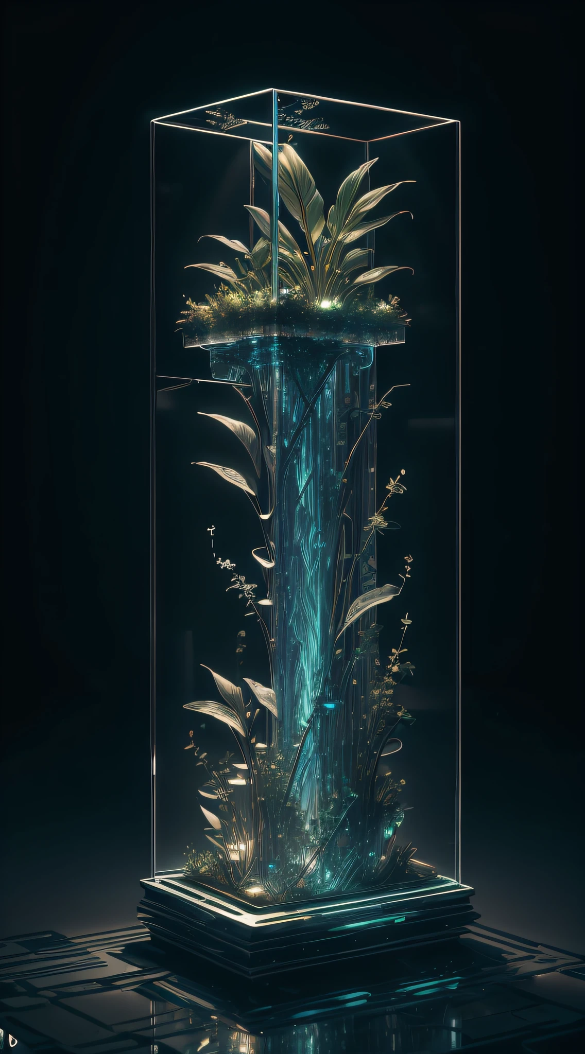 masterpiece of glass sculpture with plants inside, water, glowing, fantasy, high quality, high detail, best quality, rtx, 4k, 8k,