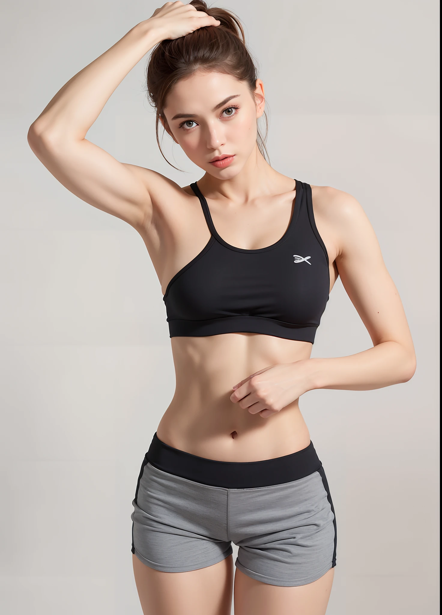 A closeup of a gorgeous woman in a sports bra top and shorts, corpo tonificado, corpo em forma, Photo adjustment, em forma, magro e tonificado, Camisa de corte e abdominais fortes, mulher em forma, modelo fitness, bem tonificado, sporty physique, forma tonificada, Encaixe figura delicada, Bonito midriff, sport bra and shorts, corpo esguio, Atenuada, corpo forte