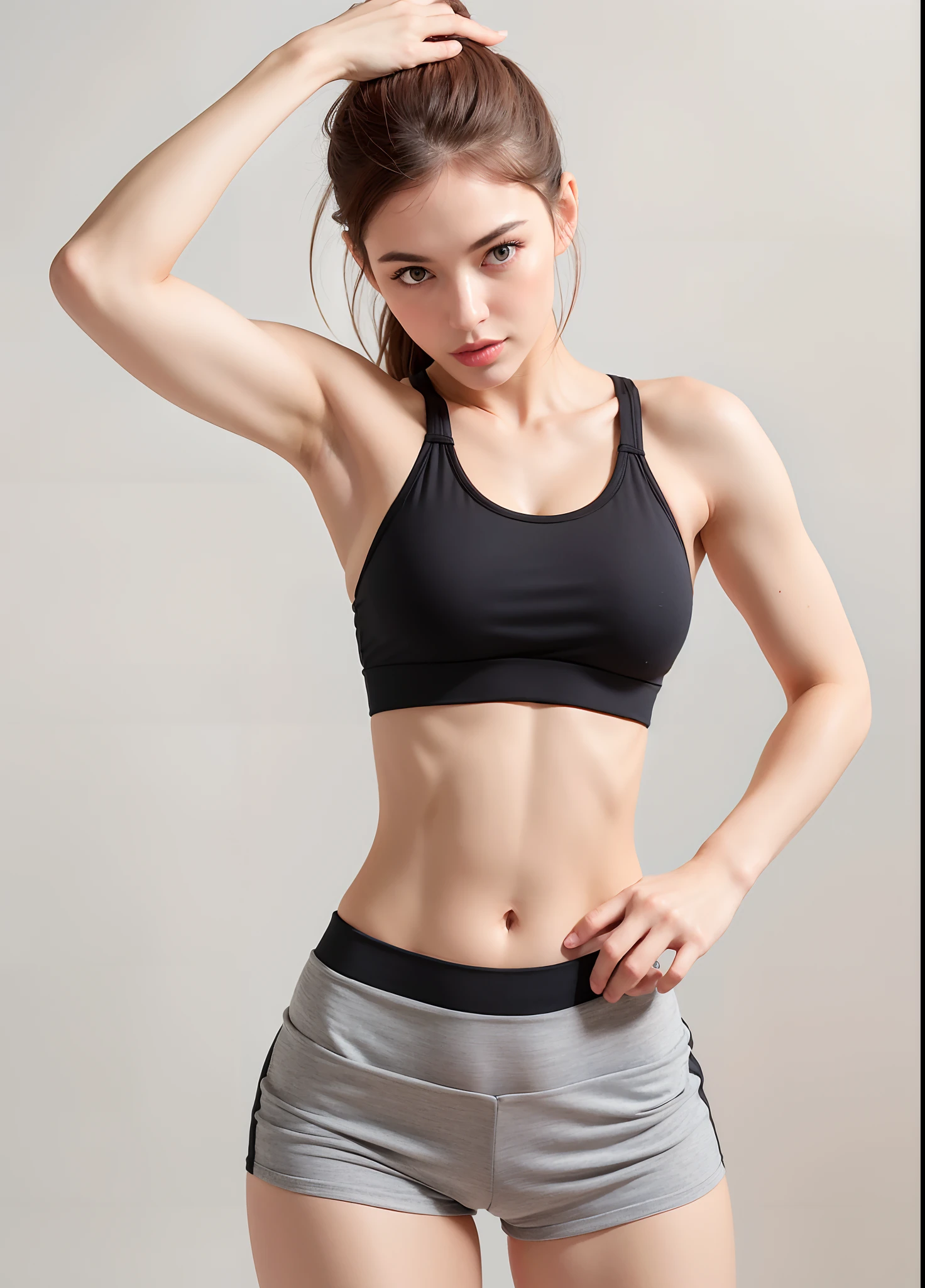 A closeup of a gorgeous woman in a sports bra top and shorts, corpo tonificado, corpo em forma, Photo adjustment, em forma, magro e tonificado, Camisa de corte e abdominais fortes, mulher em forma, modelo fitness, bem tonificado, sporty physique, forma tonificada, Encaixe figura delicada, Bonito midriff, sport bra and shorts, corpo esguio, Atenuada, corpo forte