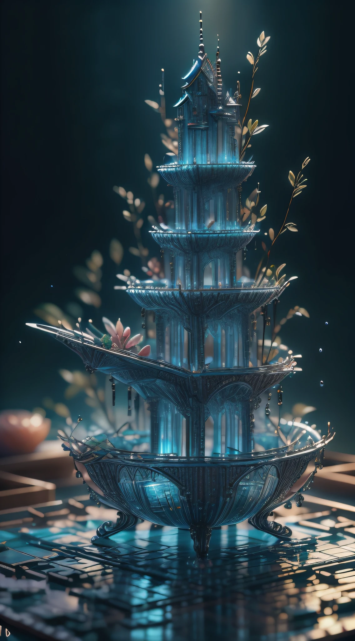 obra-prima da escultura de vidro com plantas dentro, "Montanha de Flor e Fruta + Fada + Arquitetura Chinesa", water, brilho, fantasia, alta qualidade, alto detalhe, melhor qualidade, rtx, 4k, 8k,