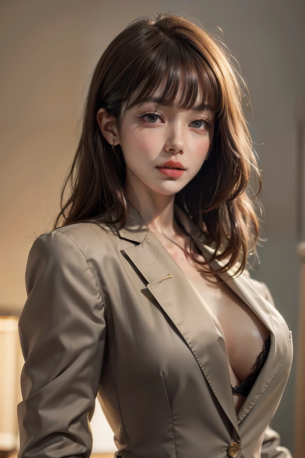 (masterpiece), (best quality), 8k resolution, 1girl, beautiful girl, stunning beauty, mature female, 30yo, perfect body, suit jacket, open jacket, no bra, braless, blunt bangs