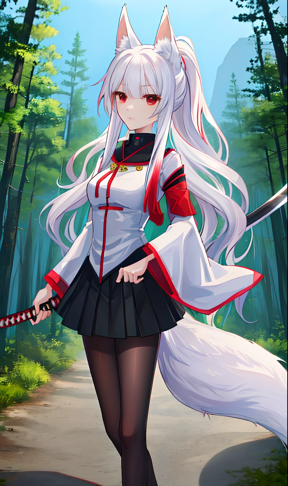 (anime kitsune girl with long white hair in ponytail), (fox girl holding a katana and wearing a white uniform and black skirt), (red eyes), white haired deity, neutral expression, high quality, ((extreme detail)), ((forest village in background))