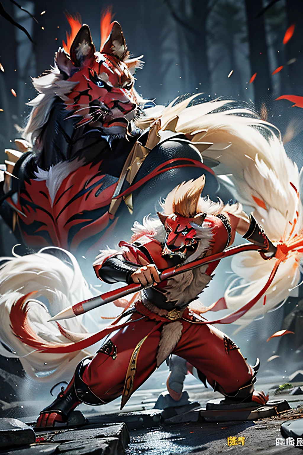 Shape image red panther，It has five tails and a horn，The sound made is like the sound of hitting a stone，The name is Hideous。