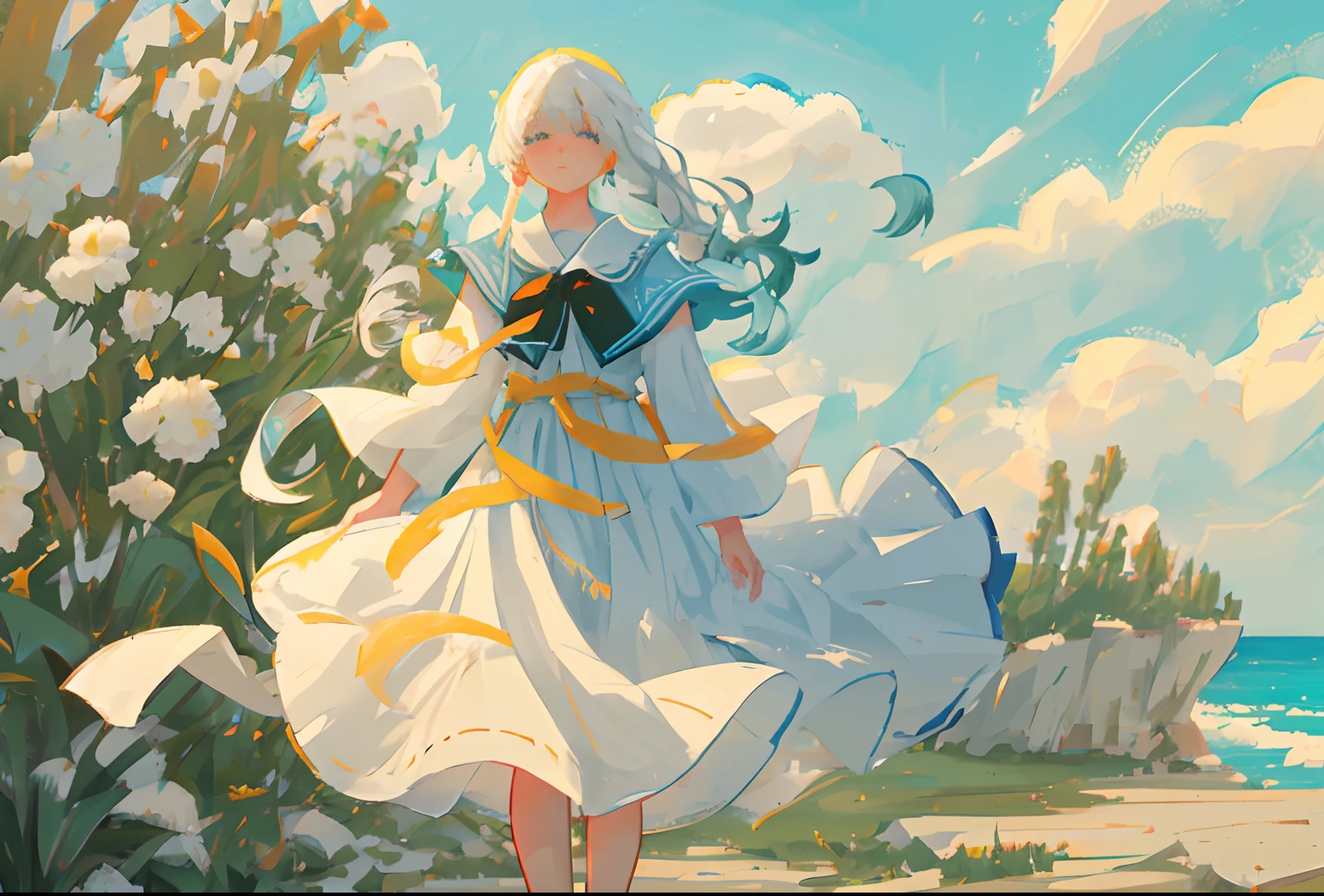 Gentle breeze：A woman of pure whiteness，Long hair flutters in the wind，A gentle breeze brushed her cheeks，Her eyes were filled with serenity and thoughtfulness