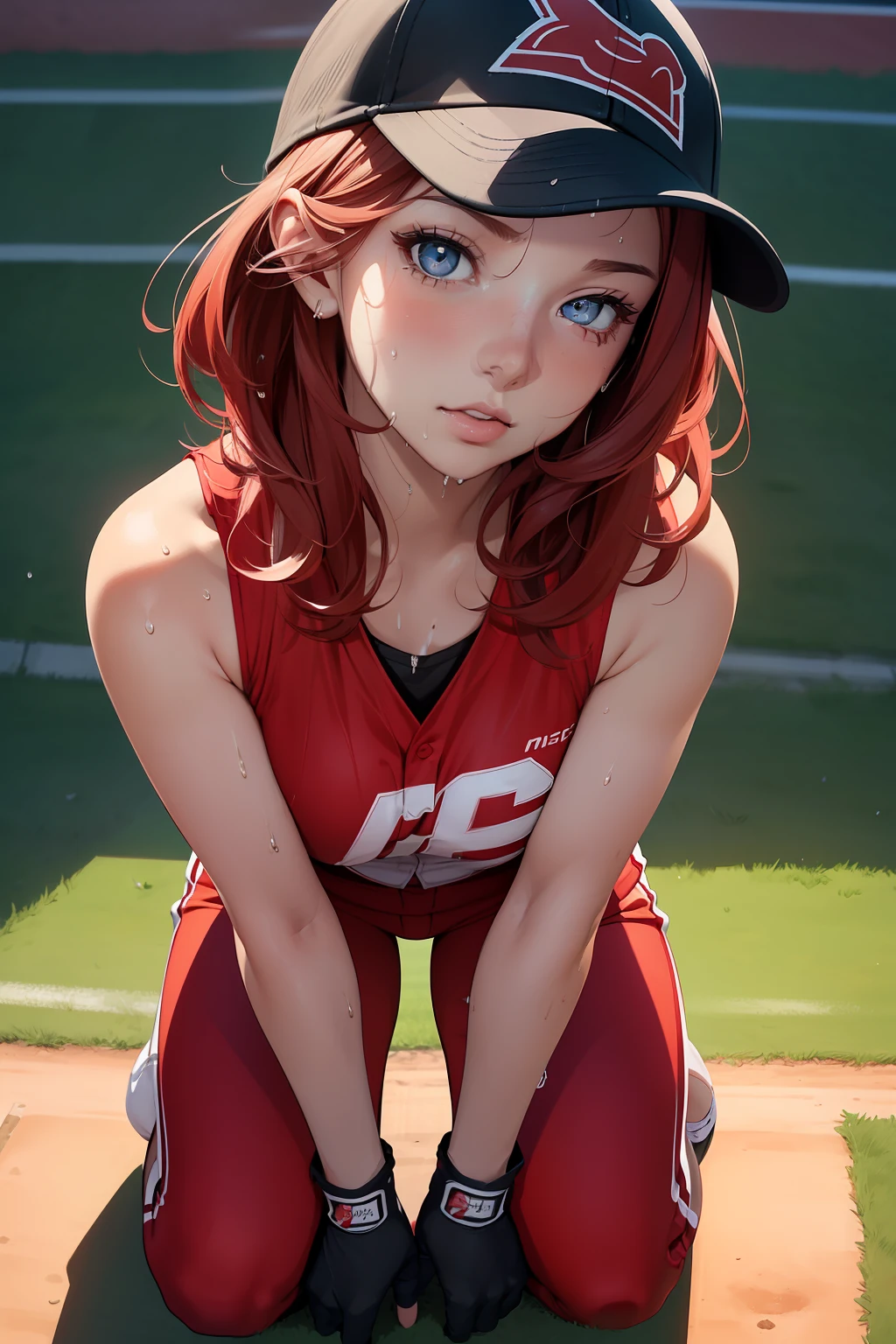 (masterpiece, 4k, best quality), photorealistic, cinematic, 1 girl, medium red hair, (((close up shot, front view, from below:1.5))), (((crouching))), perfect anatomy, curvaceous body, alluring, perfect eyes, detailed eyes, ((lips slightly parted:1.5)), medium-sized breasts, round ass, round legs, (((sweaty body))), sweaty skin, shiny skin, blushing, a determined female baseball pitcher, (((she wears a fitted and wet sleeveless team jersey with her last name 'Smith' on the back))), the jersey is paired with white baseball pants that have red piping down the sides, (((she wears a black glove on her left hand))), poised for a powerful pitch, her cap bears the team logo, casting a slight shadow over her focused eyes, behind her, the pitching mound rises, and in the distance, a sunlit stadium full of cheering fans sets the scene, extremely detailed Artgem, IG model, alena aenami and artgem, krenz cushart and artgem, artgem and atey ghailan