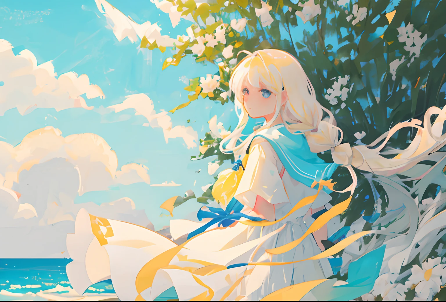 Gentle breeze:A woman of pure whiteness,Long hair flutters in the wind,A gentle breeze brushed her cheeks,Her eyes were filled with serenity and thoughtfulness