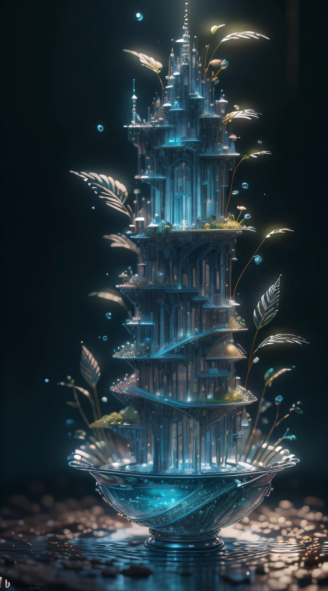 obra-prima da escultura de vidro com plantas dentro, "Montanha de Flor e Fruta + Fada + Arquitetura Chinesa", water, brilho, fantasia, alta qualidade, alto detalhe, melhor qualidade, rtx, 4k, 8k,
