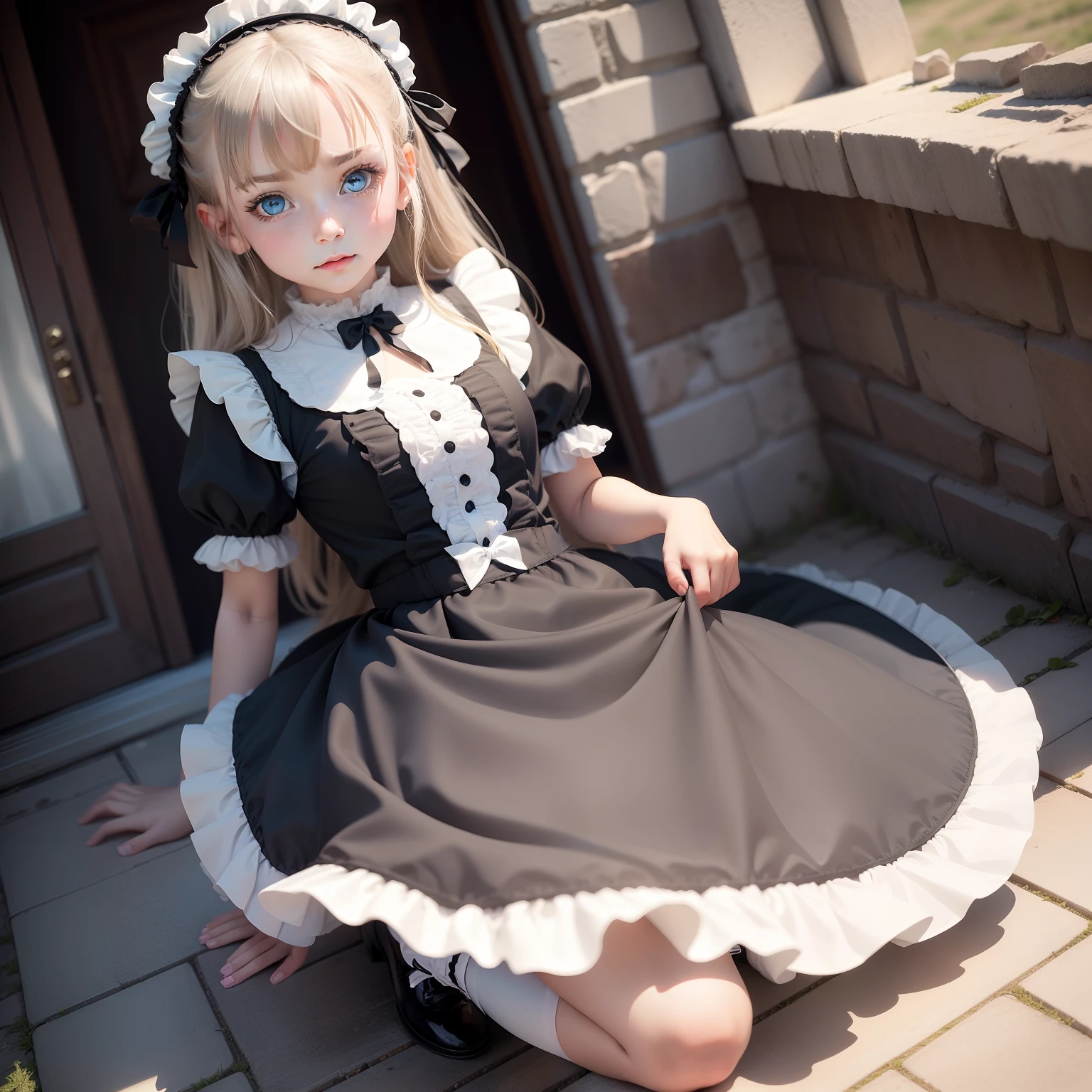 Very beautiful 8 year old girl wearing Lolita maid costume light hair light blue eyes super gorgeous details extreme picture quality sexy and charming full body photo kneeling on the ground wearing headband black and white maid skirt miniskirt with shy expression