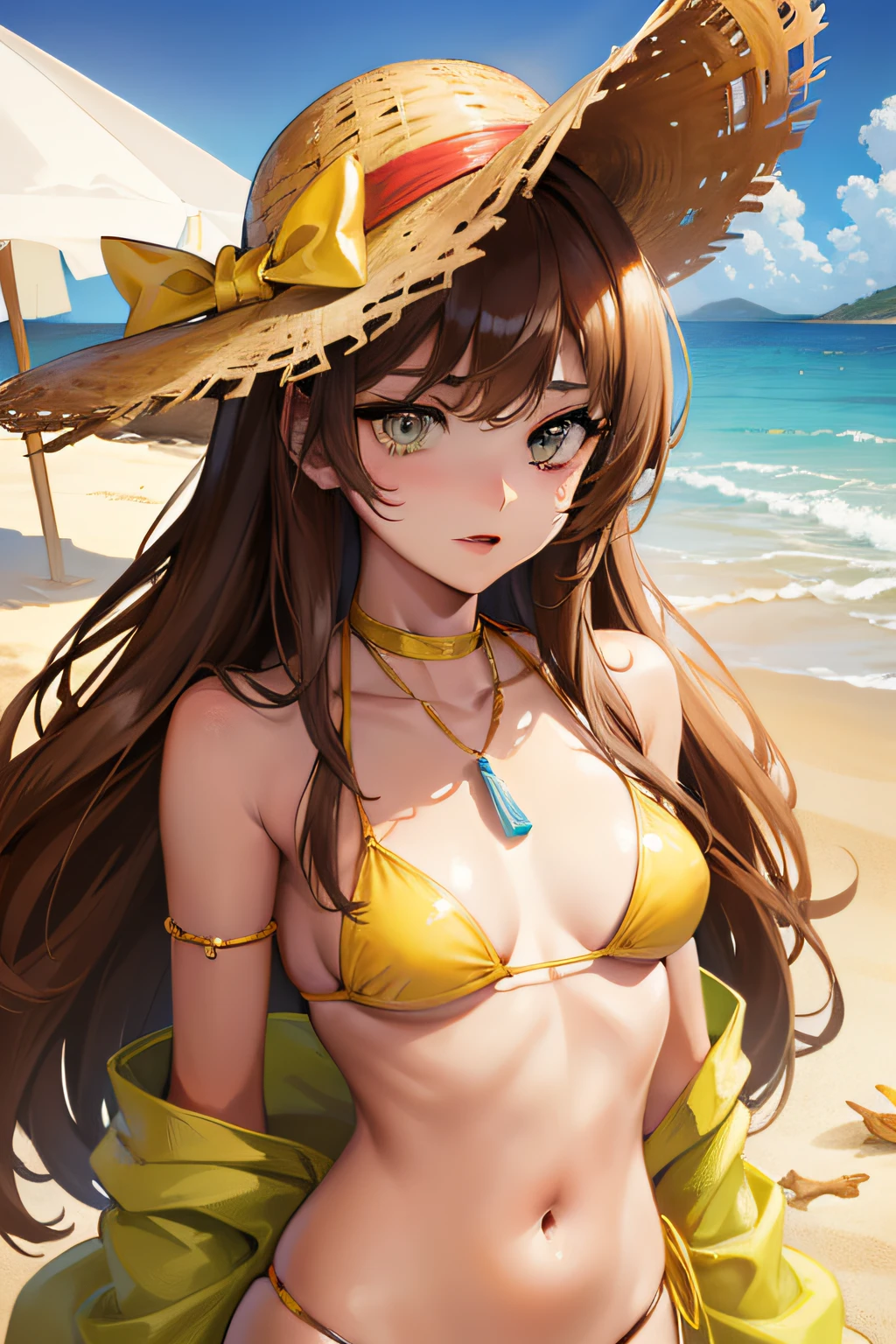 Young Woman, desert, pyramid, 8K UHD, radiance, yellow, brown, sun, scorpions, bikini, beach hat, photographic detailed, saturation, full sand, destroy boats, full color, portrait