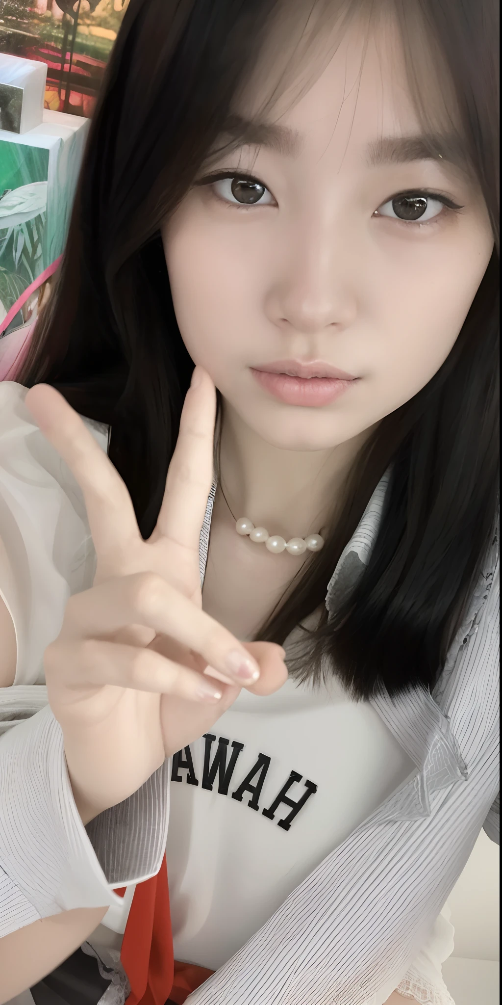 there is a woman that is making a peace sign with her hand, pearls necklace, necklace, 18yr old,Surrealist portraits of women by David Hockney and Alphonse Mucha,Fantasyart,photographrealistic,动态照明,art stations,poster for,Volumetriclighting,Very detailed faces,4 k'',Award-Awarded,,1girll,in the darkness nigth,deep shading,low tune,(formal outfit:1.4),long whitr hair,whaite hair