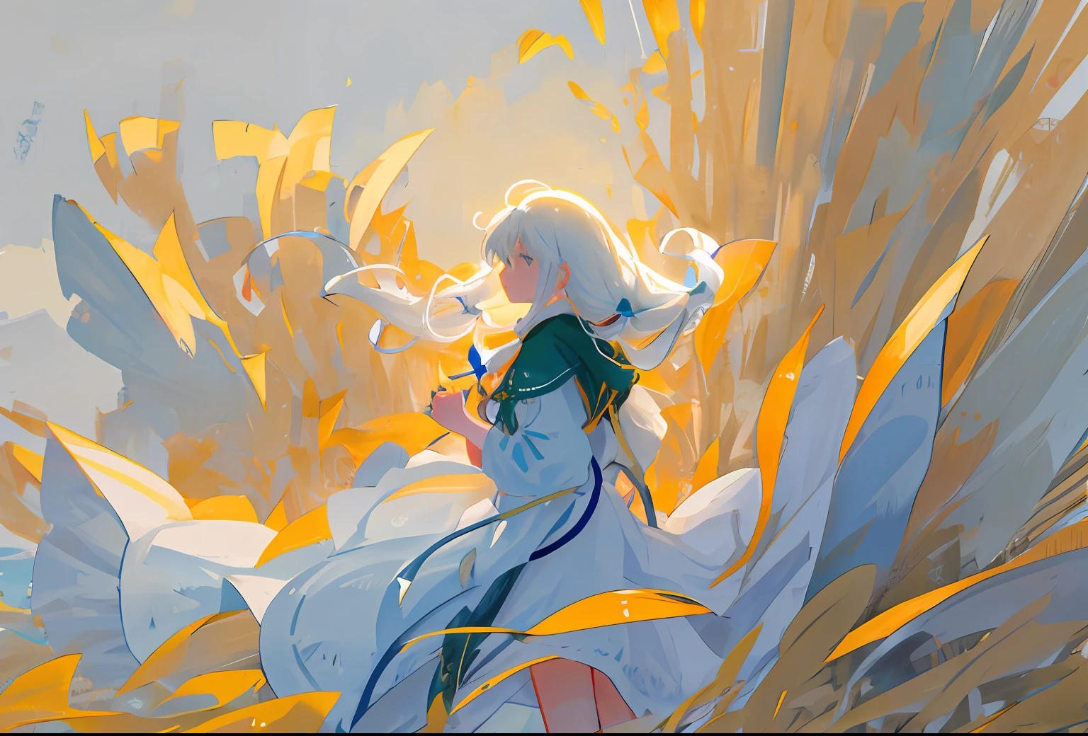 Gentle breeze:A woman of pure whiteness,Long hair flutters in the wind,A gentle breeze brushed her cheeks,Her eyes were filled with serenity and thoughtfulness