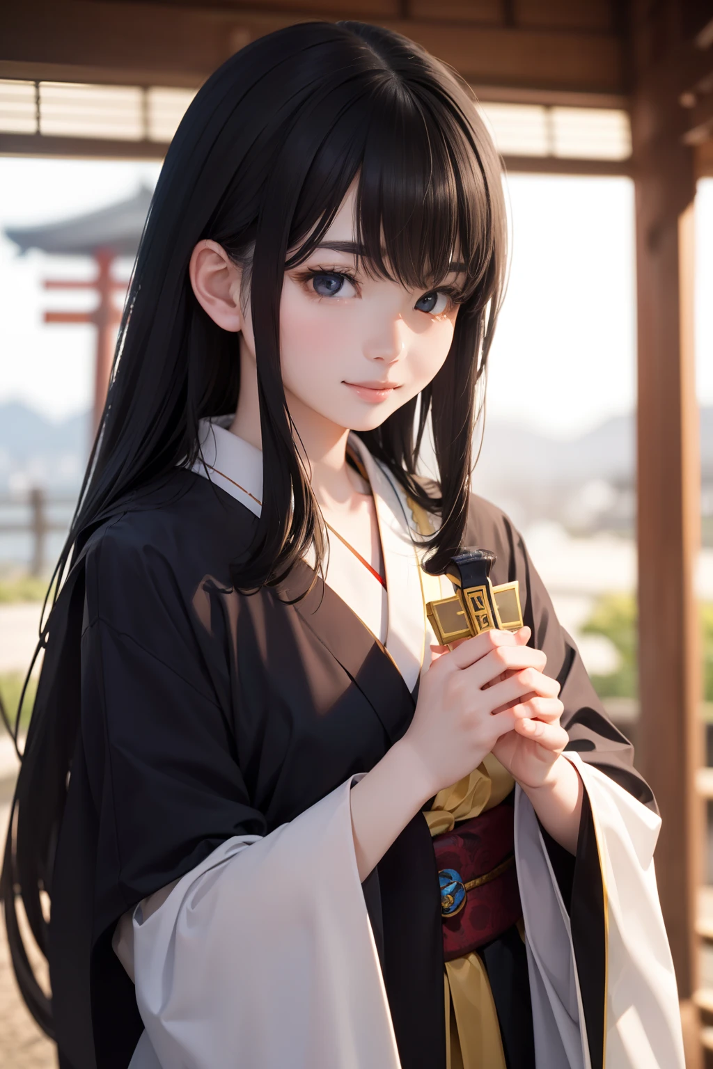 (​masterpiece:1.2)、(top-quality:1.2)、perfect  eyes、face perfect、Perfect litthing、A Japanese Lady, hime, Japan traditional ornate kimono, long brownish-black hair, Gentle smile, holding in their hands a cross,Offering Prayers,blurry backround