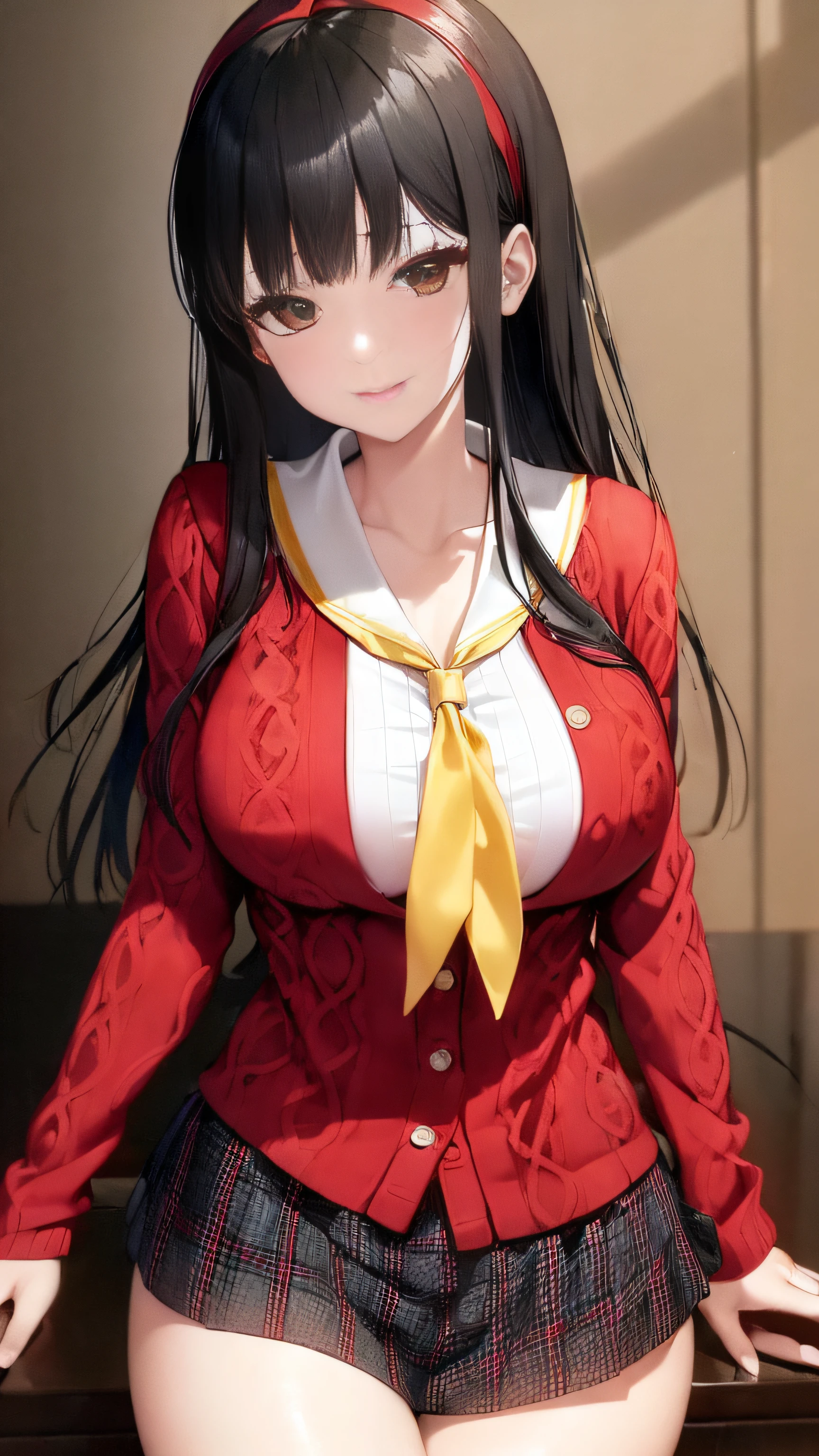 (realisitic:1.5),1人,独奏,Yumeko Jabami, Kakegurui, a smile,(Red cardigan、Plaid skirt、Yellow neckerchief、校服:1.2)、huge tit、Black tights