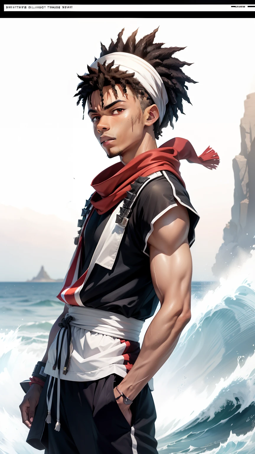 A mixed race light skinned African American male with anime spiked back hair, Red sleeves and hands in pockets, red sweat band with a black line and a white line on the sweat band, with a long white shinobi scarf flowing in the wind standing in a dream like world standing on water on an endless sea horizon with endless clouds floating above, photo realistic