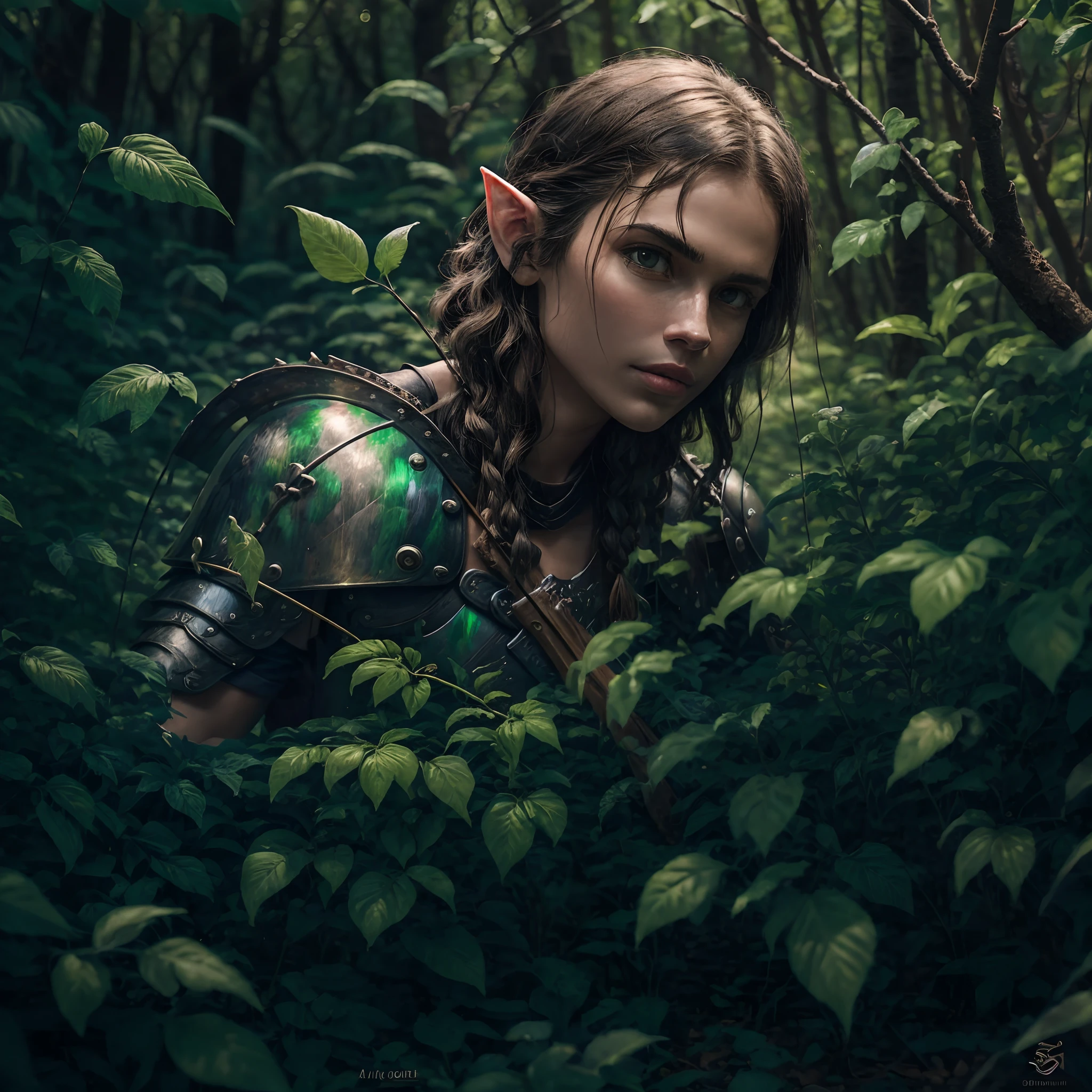 Elfo guerreiro na floresta: uma imagem de um elfo guerreiro de orelhas pontudas, cabelos loiros e olhos azuis. He's wearing leather armor and holding a bow and quiver of arrows. He's in a green, sunlit forest. The artistic style is realistic and detailed. --auto --s2