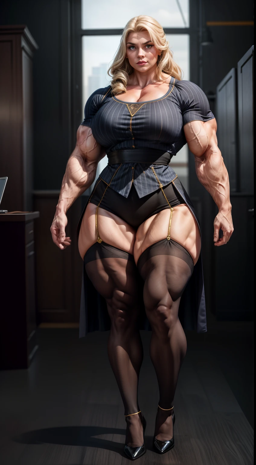 tmasterpiece,(Full body like:1.1),Burly woman,Exaggerated large muscles,stand posture,office backdrop,Beautiful and charming Nordic woman face,(black lence stockings:1.1),Pointed-toe heels,1female,Thin waist,Very broad shoulders,,Strong and powerful arms,Stout arms,Thick and powerful leg muscles,Very thick calves,Very long legs,