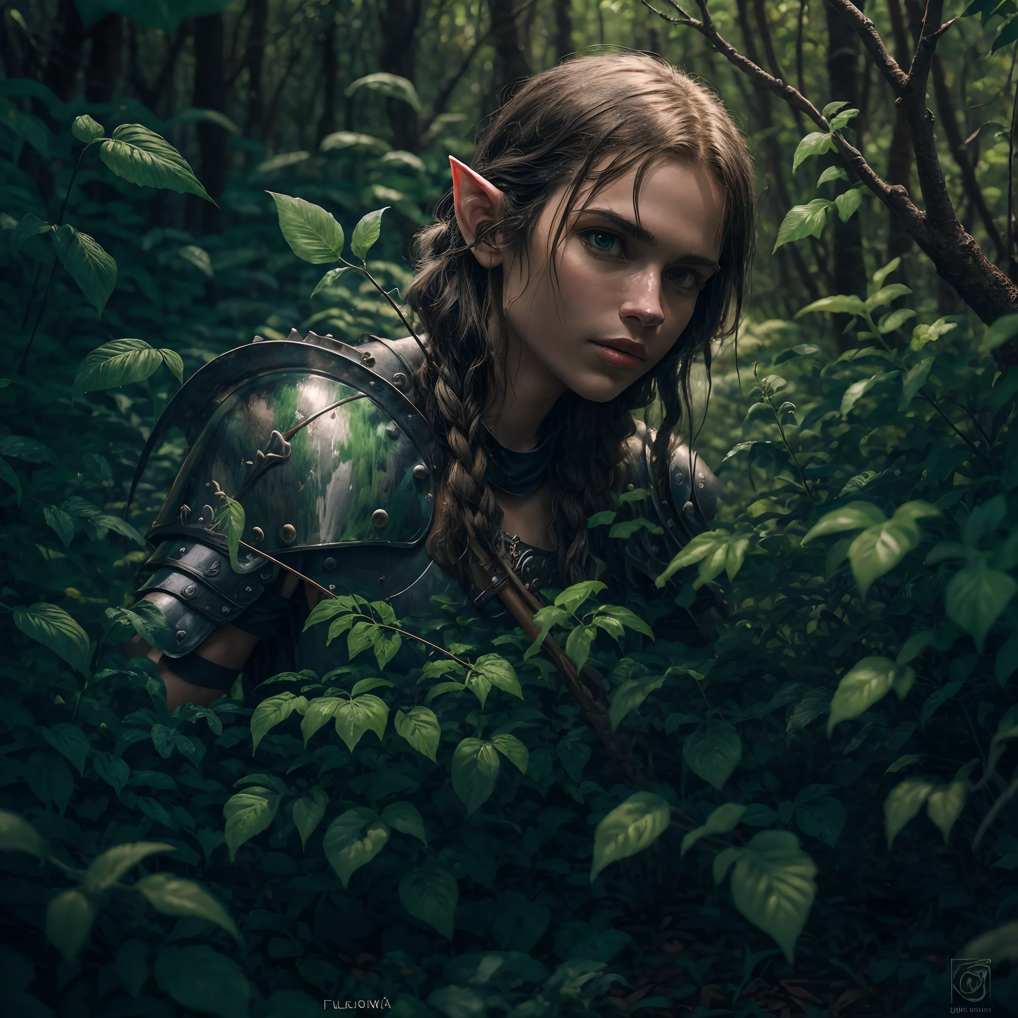 Elfo guerreiro na floresta: uma imagem de um elfo guerreiro de orelhas pontudas, cabelos loiros e olhos azuis. He's wearing leather armor and holding a bow and quiver of arrows. He's in a green, sunlit forest. The artistic style is realistic and detailed. --auto --s2