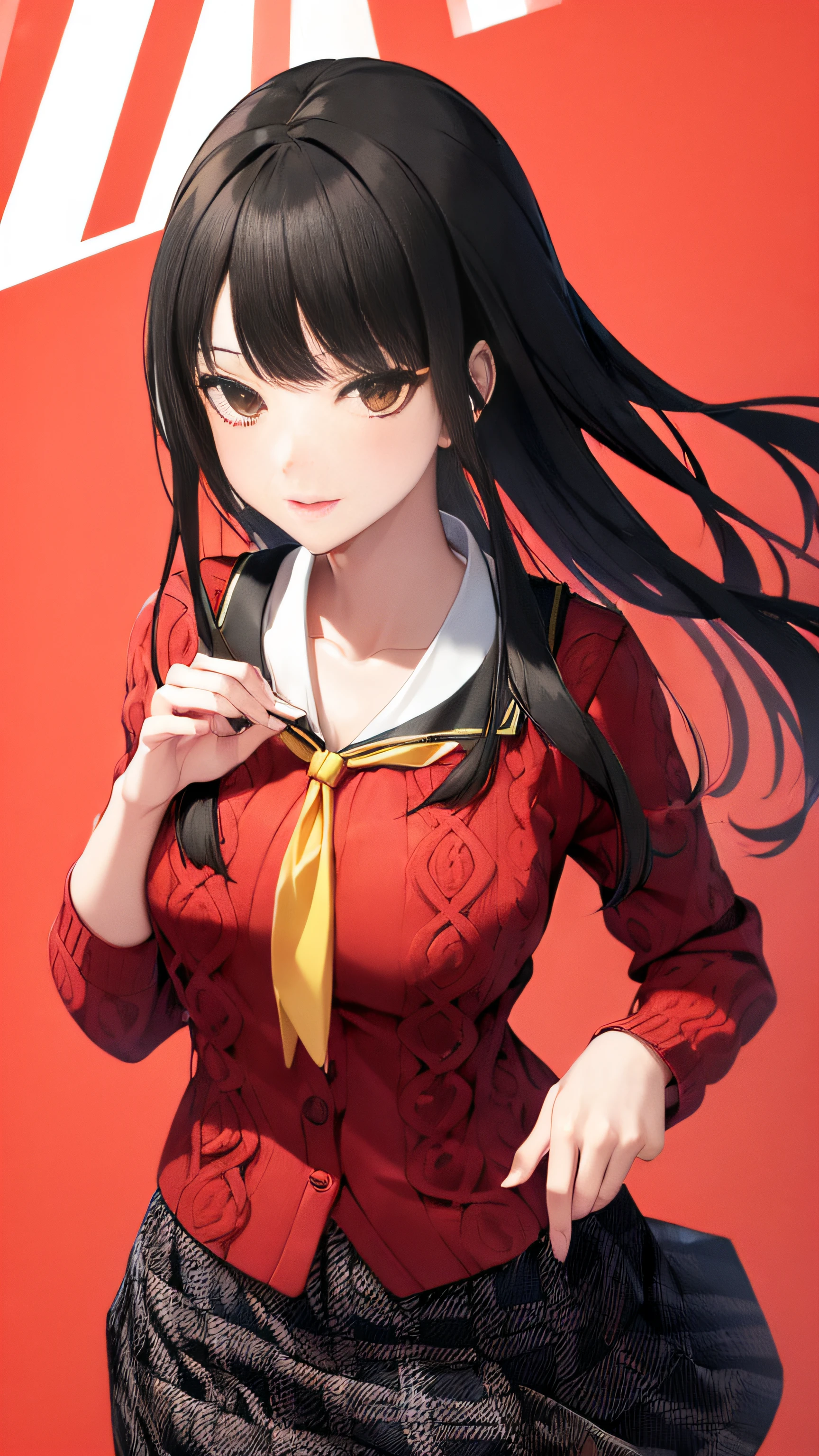 (realisitic:1.5),1人,独奏,Yumeko Jabami, Kakegurui, a smile,(Red cardigan、Plaid skirt、Yellow neckerchief、校服:1.2)、huge tit、Black tights