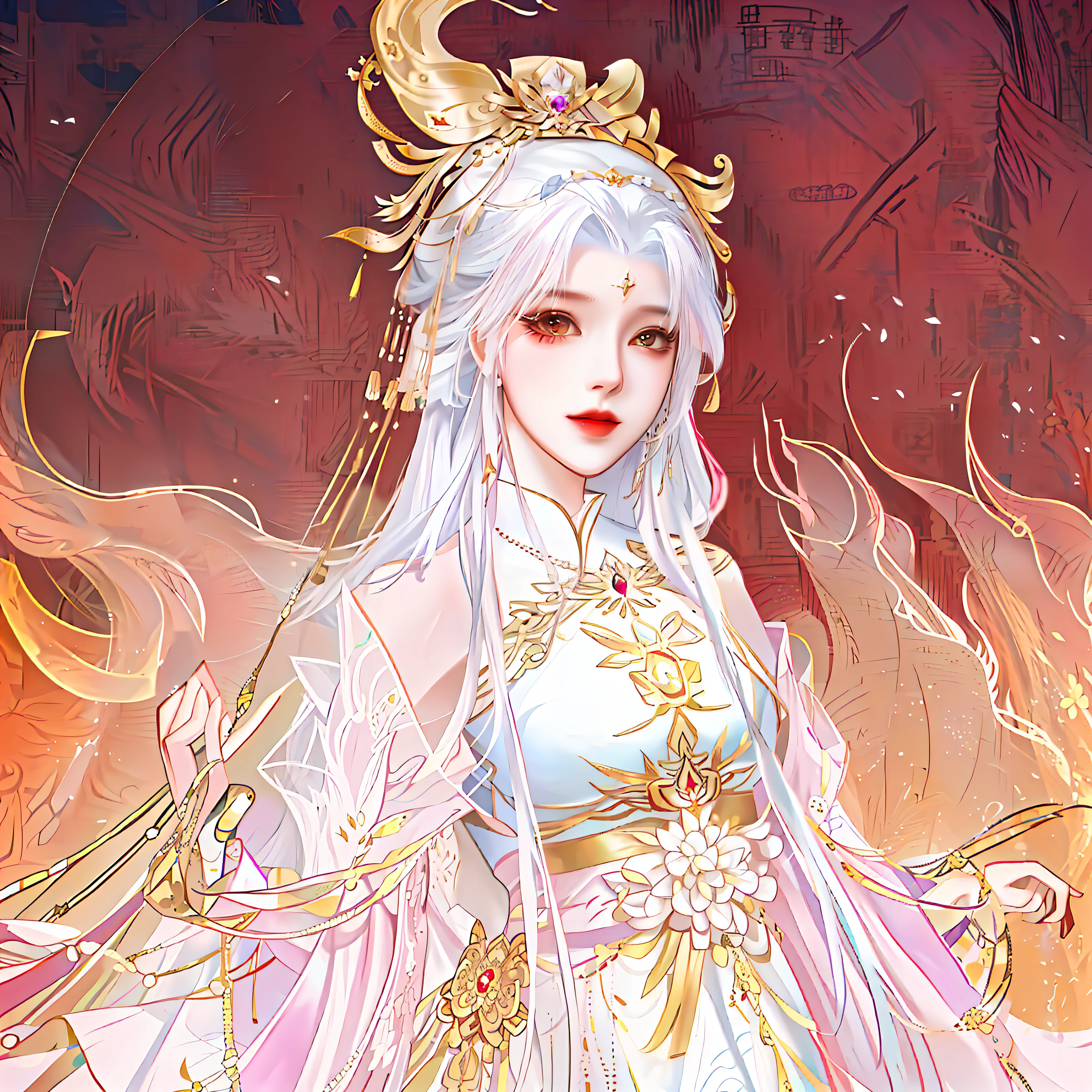 oriental girl，Works of masters，It is engaging and beautifully composed，Her figure is curvy，Enough to be a masterpiece。The painting is undoubtedly super detailed，Her figure is curvy，Best picture quality，Higher quality，high detal， 超高分辨率， 8K分辨率， depth of fields， cinematic photogtaphy， intricately details， carefully， meticuloso， glorious， max detail， extreme beautiful， （（（1girll， 独奏）））， A picture， tmasterpiece， （Best picture quality）， Higher quality， high detal， 超高分辨率， in a panoramic view， Exquisite facial features， s the perfect face，Detailed digital anime art，Anime girl in pink dress，White hair and golden crown, a beautiful fantasy empress, ((a beautiful fantasy empress)), Palace ， A girl in Hanfu, drak, Inspired by Lan Ying, White-haired god, Inspired by Qiu Ying, Princesa chinesa antiga, Inspired by Huang Ji, Goddess. Extremely high detail,