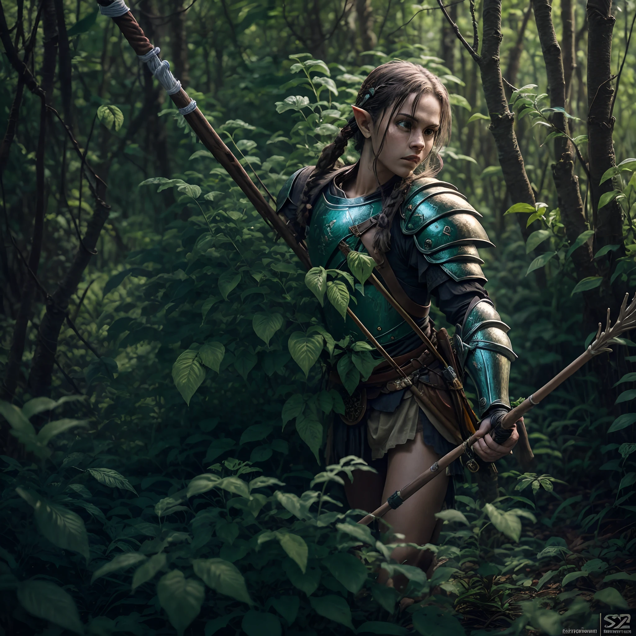 Elfo guerreiro na floresta: uma imagem de um elfo guerreiro de orelhas pontudas, cabelos loiros e olhos azuis. He's wearing leather armor and holding a bow and quiver of arrows. He's in a green, sunlit forest. The artistic style is realistic and detailed. --auto --s2