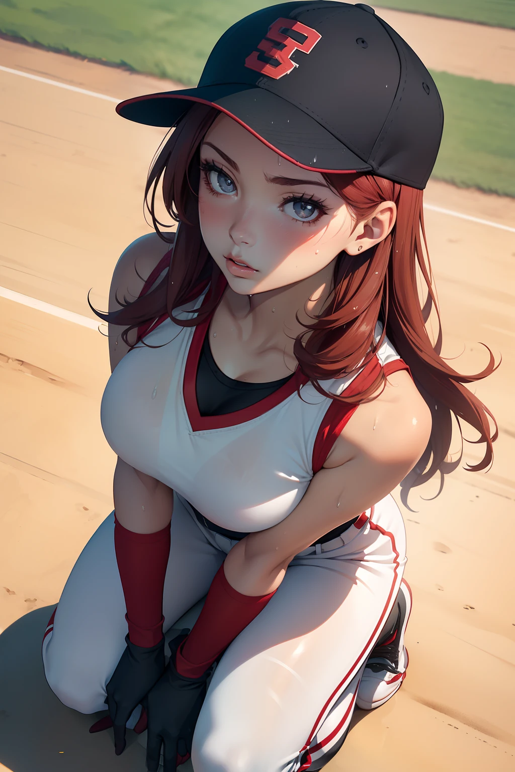 (masterpiece, 4k, best quality), photorealistic, cinematic, 1 girl, medium red hair, (((close up shot, front view, from above:1.5))), (((crouching))), perfect anatomy, curvaceous body, alluring, perfect eyes, detailed eyes, ((lips slightly parted:1.5)), medium-sized breasts, round ass, round legs, (((sweaty body))), sweaty skin, shiny skin, blushing, a determined female baseball pitcher, (((she wears a fitted and wet sleeveless team jersey with her last name 'Smith' on the back))), the jersey is paired with white baseball pants that have red piping down the sides, (((she wears a black glove on her left hand))), poised for a powerful pitch, her cap bears the team logo, casting a slight shadow over her focused eyes, behind her, the pitching mound rises, and in the distance, a sunlit stadium full of cheering fans sets the scene, extremely detailed Artgem, IG model, alena aenami and artgem, krenz cushart and artgem, artgem and atey ghailan
