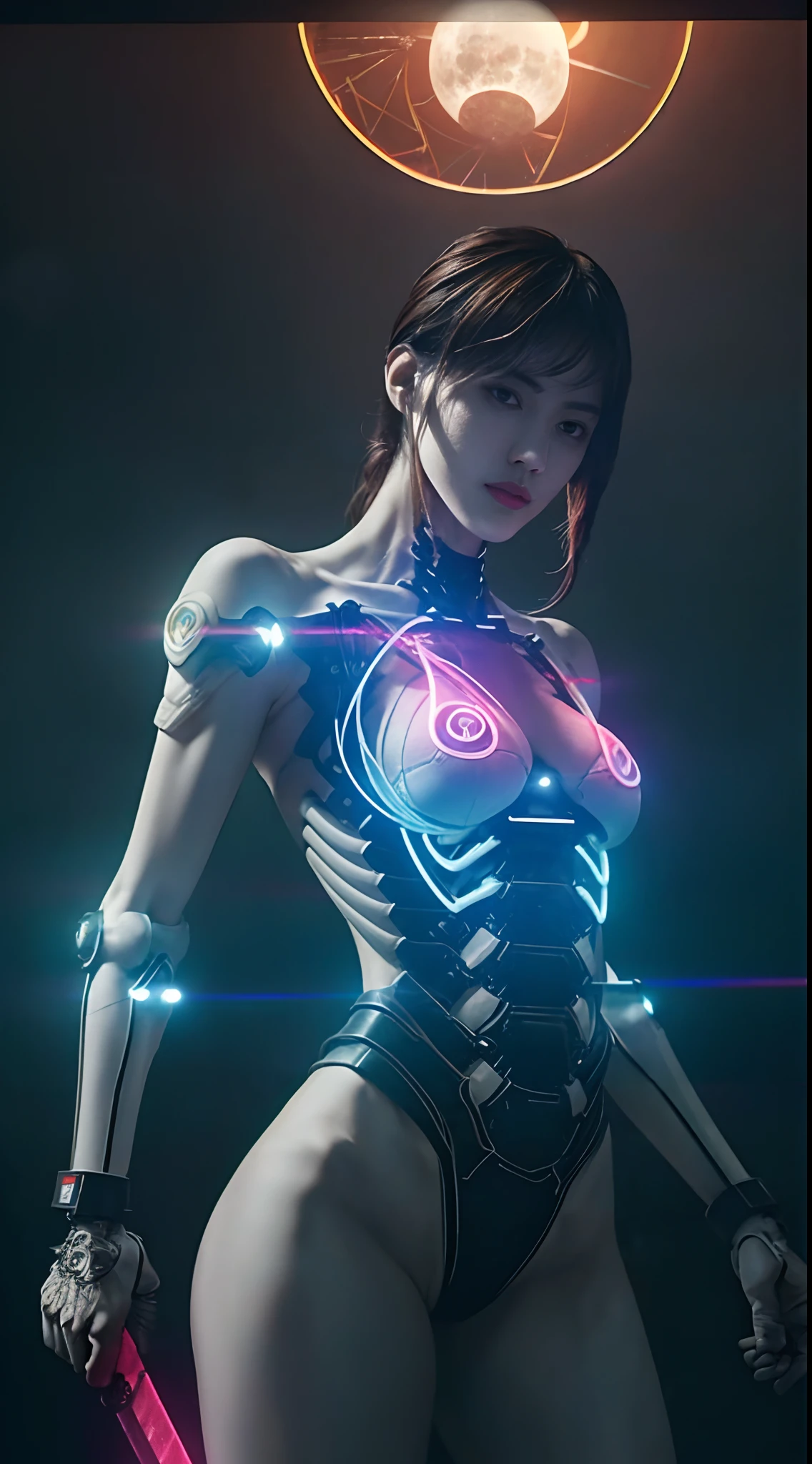 pale skin naked 1girl, masterpiece, best quality, ultra detailed RAW, high-resolution, ultra realistic, 16K, intricate details, full body, cinematic lighting, portrait, bokeh, (pale skin, fair skin, real skin, high detailed skin texture, abs, saggy boobs, slim body, skinny), (in cyberpunk city, one large moon, roof of building, night view, Rainbow Neon lighting tokyo tower, Moonbow), ((exposed breast)), ((biomechanized arms and biomechanized endoskeleton body with intricate details Rainbow Neon lighting pattern)), (holding long sword with intricate details Blue Neon lighting pattern)