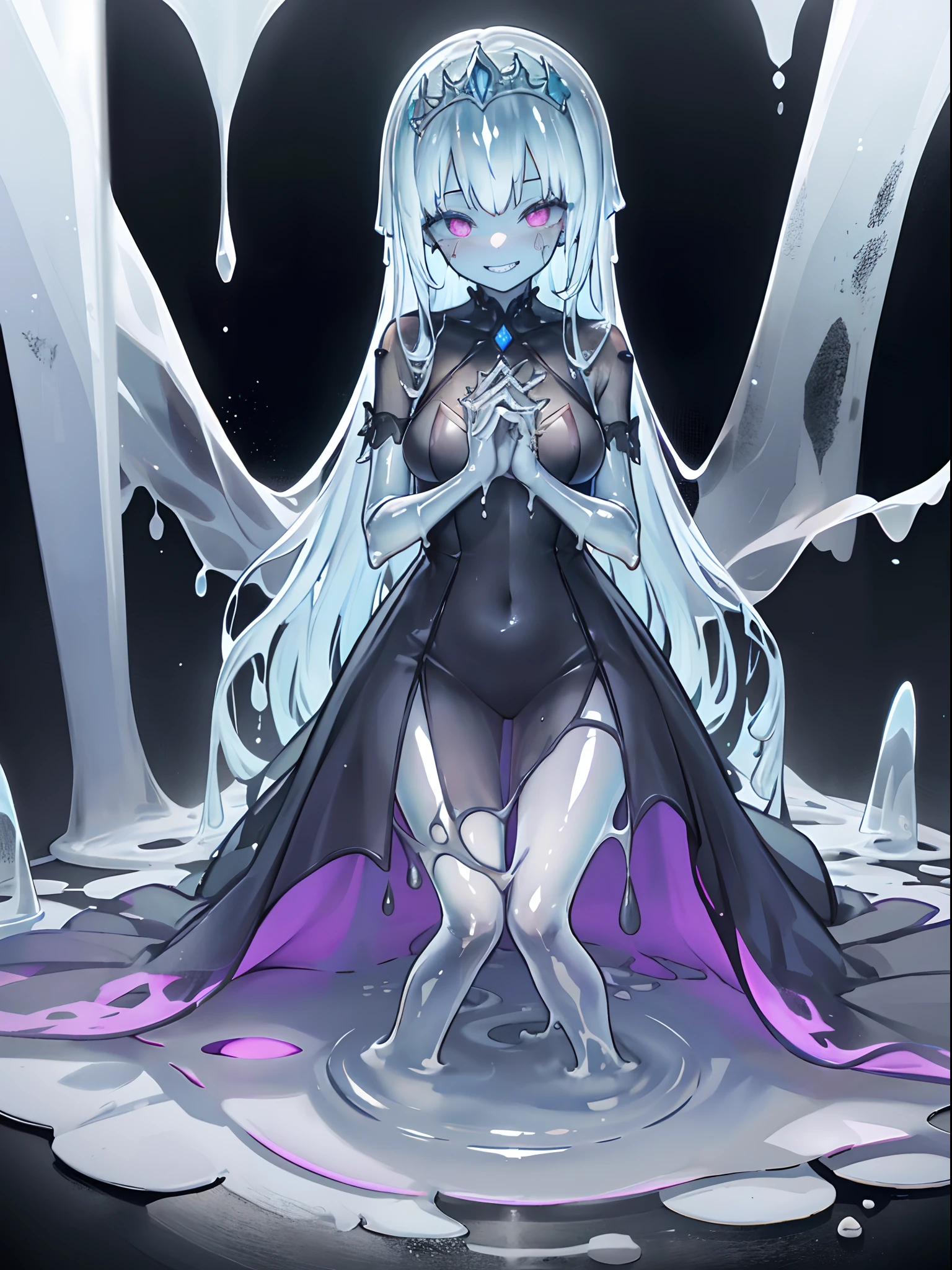 ruined castle,fog,miasma,Slime Girl,slime body,melting body,(Transparent body,Translucent body:1.6),(Vulgar smile,Ridicule,grin,Smirk,smug:1.2),nude,Full body layout,Glowing eyes,tiara,see through dress,princess,detailed face and eyes,(short fingers,missing hands,missing fingers,missing legs:1.2) glowing body tattoos,saliva,hands behind body