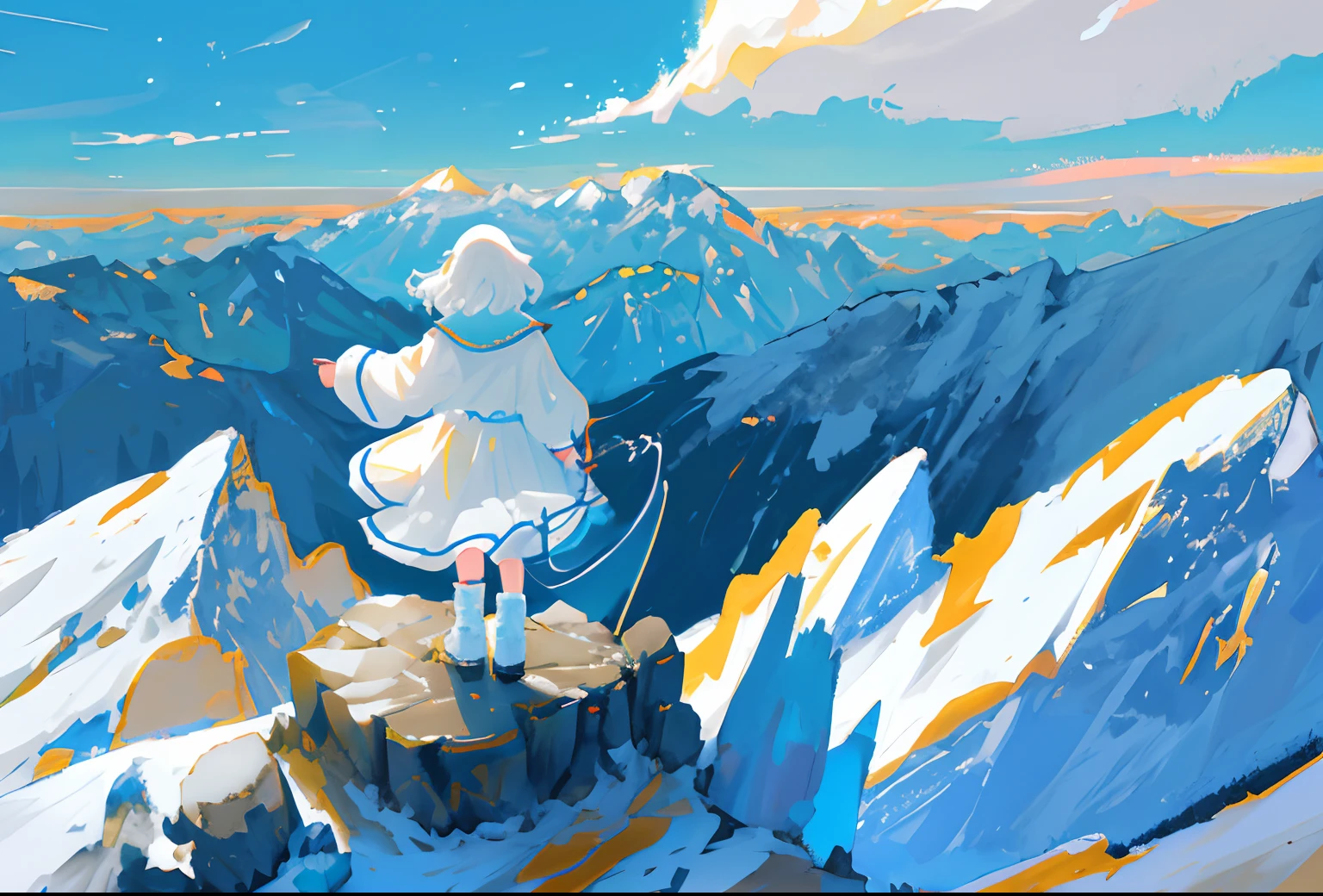 (Cloud-soaked mountains)+(Pure White Maiden · 2 people)Hand in hand standing on the top of the mountain,Trust and commitment in your eyes