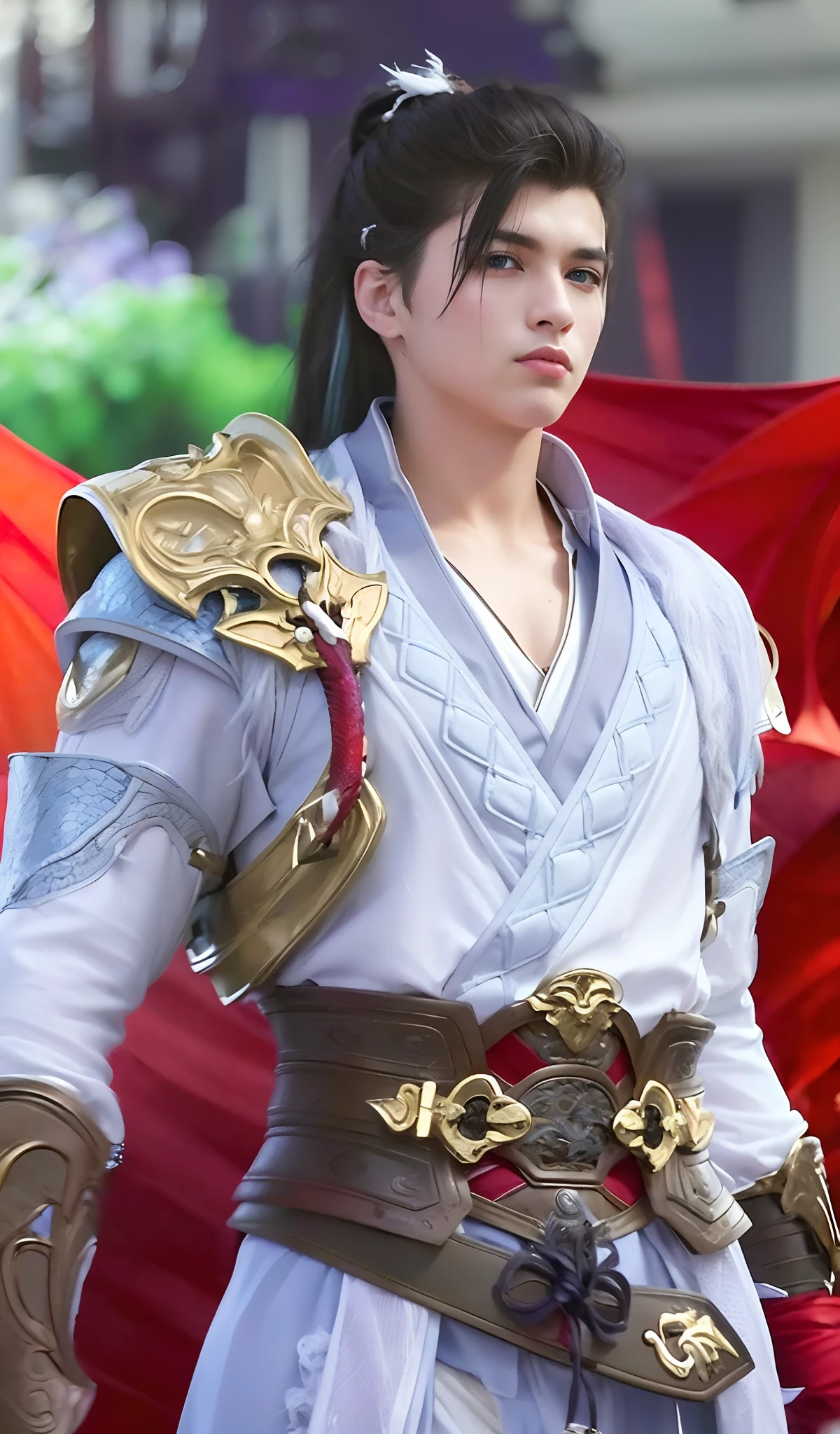 1boy, blue eyes, (white hair:1.5), (best quality:1.5), photo, 4k,looking at viewer, (dragon armor:1.5), full body,