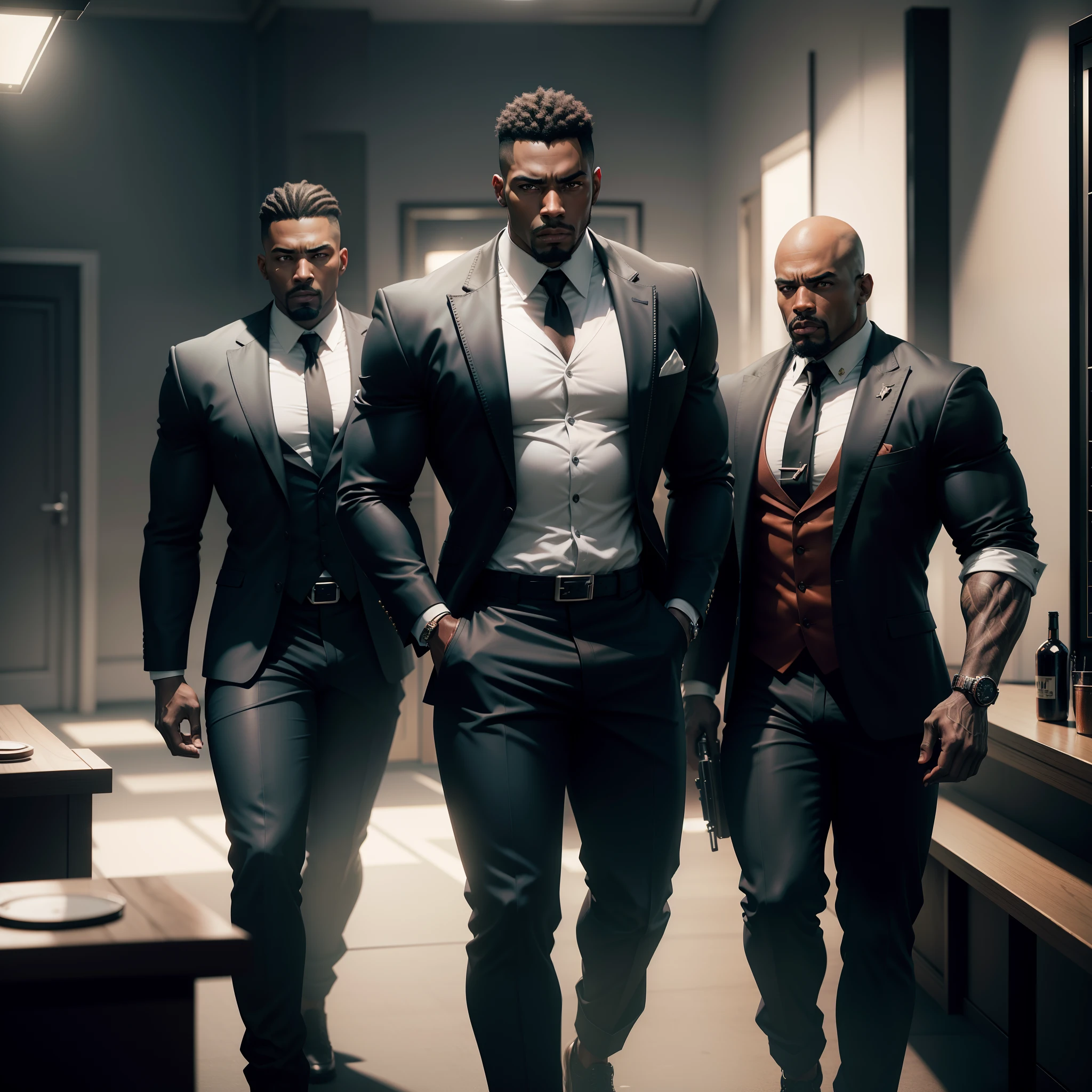 Black man (gangster) and his bodyguards seated in a room, fierce look, photorealistic image, 8k, ultra HD, unreal engine rendered, cinematic lighting, artgerm style