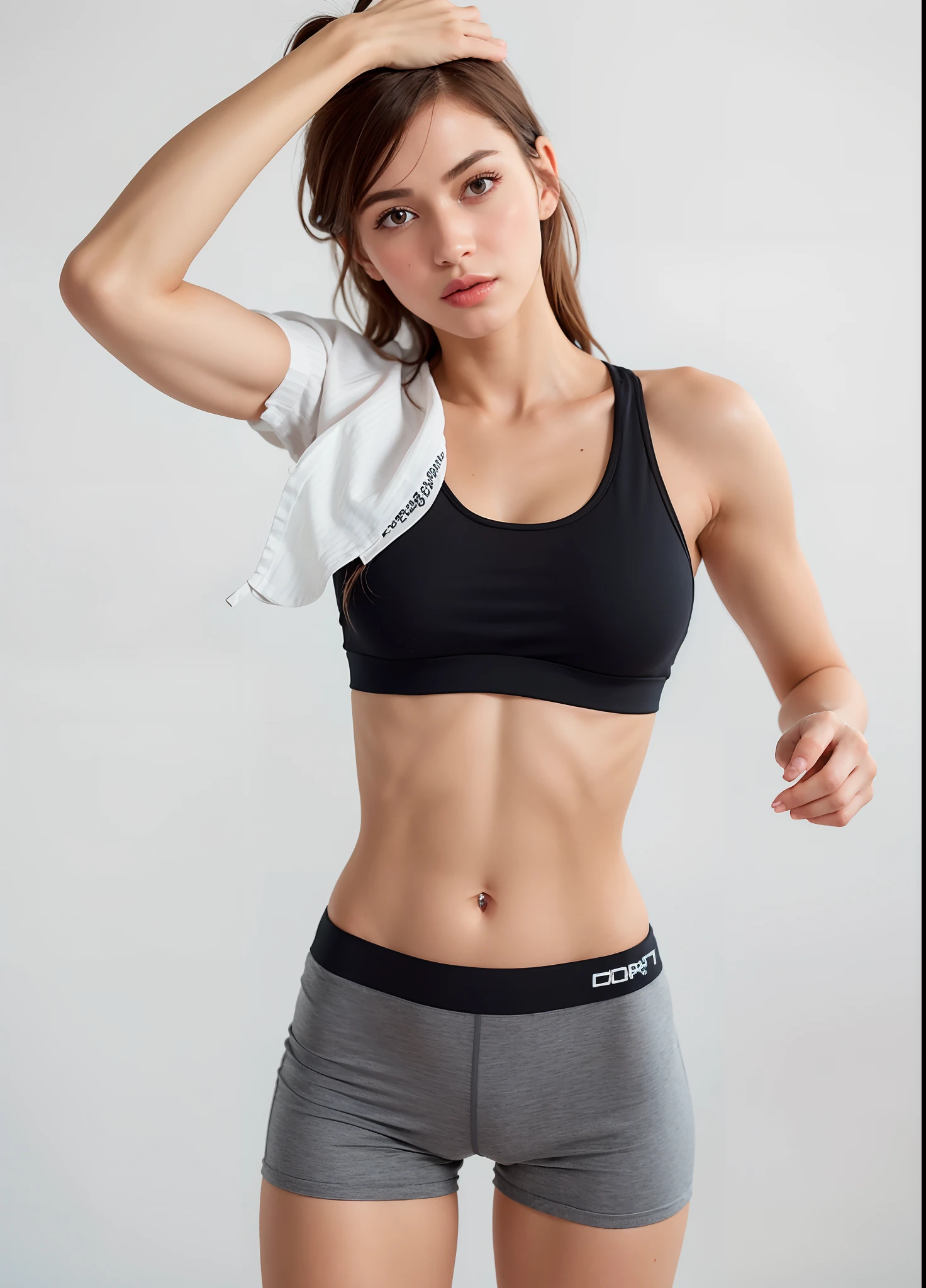 A closeup of a gorgeous woman in a sports bra top and shorts, corpo tonificado, corpo em forma, Photo adjustment, menina em forma, magro e tonificado, Camisa de corte e abdominais fortes, mulher em forma, modelo fitness, bem tonificado, sporty physique, forma tonificada, Encaixe figura delicada, Bonito midriff, sport bra and shorts, corpo esguio, Atenuada, corpo forte