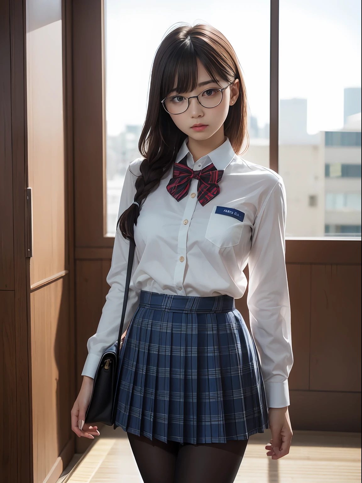 (Long ponytail),(The bra is visible),(8K、Raw photography、top-quality、masterpiece:1.2),glamor,Chromo-white skin,cocky,School,watching at viewers,Looking at the front,Muchimuchi,Erotic,Pupils,de pele branca,kne,Student Bag((Black pantyhose)),absurderes,a small face,small tits,flat breast,Parting the bangs from the middle、Forehead visible,(a cold expression,Tight eyes,glares,Bullish,skinny,Rasping,irate)、masterpiece,top-quality、超A high resolution,Raw photo,ren,Beautiful fece,One Person, 独奏,eye glass,,Dark look,Small breasts,fullllbody,Round glasses,JK school uniform,hi-school girl,A Japanese Lady,is standing,(Photorealsitic:1.37)、Photon mapping,Realistic、Beautie,Cute little face,Brown-eyed、Black socks、(Red bow tie)、Radio City、Physically Based Rendering、depth of fields、Blurry background、a picture,Body,beauty legs, Long legs, Thin leg,(Bangs are visible), hair, s lips, Blue_The eye, nosesoft,(Light blue shirt), (Navy and blue and white plaid pleated skirt), Knees are visible,Sheer clothing,, Thigh, Black cotton socks,Nogizaka Idol, 女優, Japanese ido