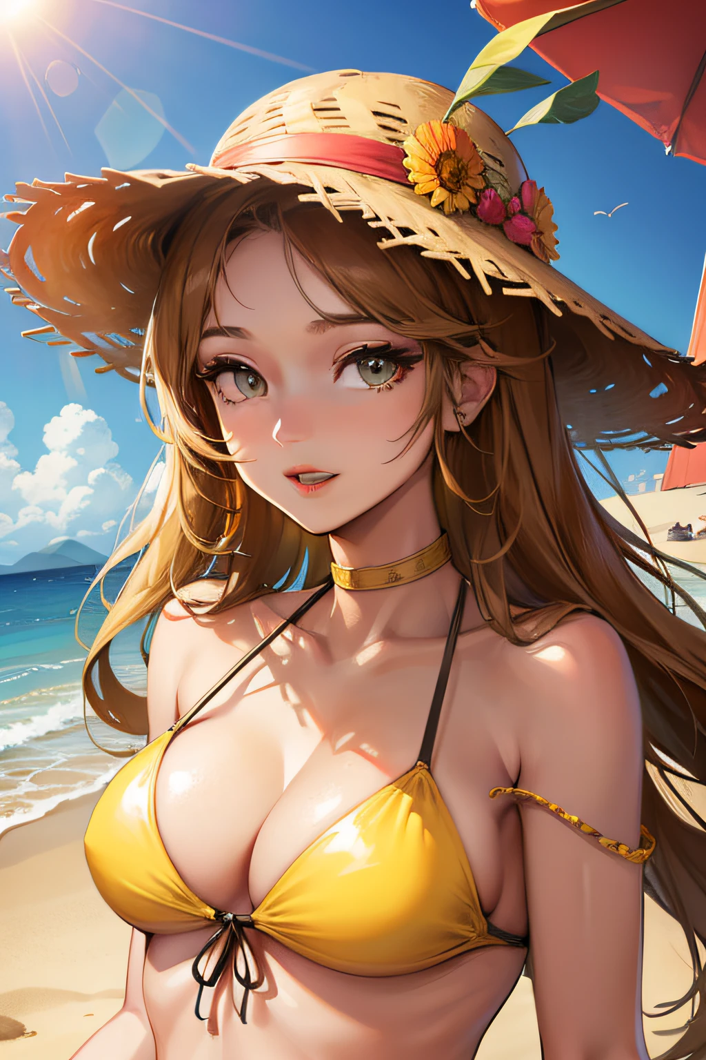 Young Woman, desert, pyramid, 8K UHD, radiance, yellow, brown, sun, scorpions, bikini, beach hat, photographic detailed, saturation, full sand, destroy boats, full color, portrait