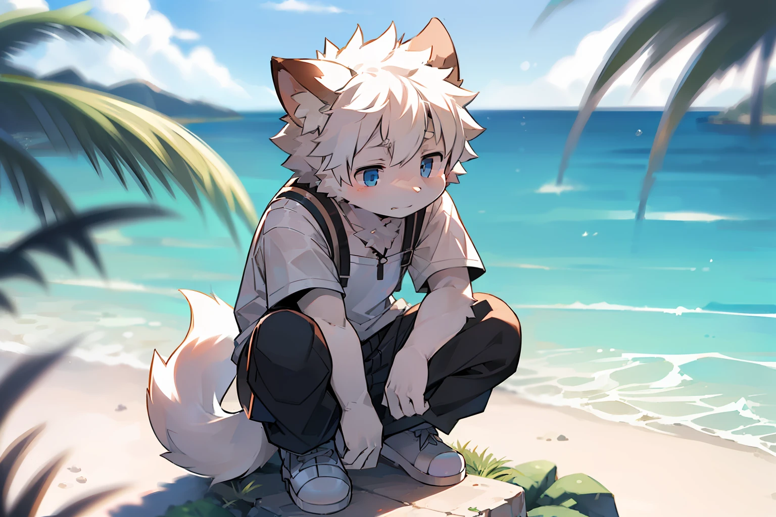 author:Jrjresq, author:Kirito,Libido boy,furry wolf,((Shota)), Black and white hair, Very good figure, Handsome,adolable, Light:Hazy light and shadow, Reflective skin,Reddish skin,((worn-out clothing,Commoner)) ,((beachside,standing on the rock,sandbeach,solo person,独奏)),Outdoor sunset,((the detail)),(depth of fields),((Libido boy,Shota)),((squatting pose,(Sideways photo),The sea is on the left, People stay on the right,Looking at the sea))