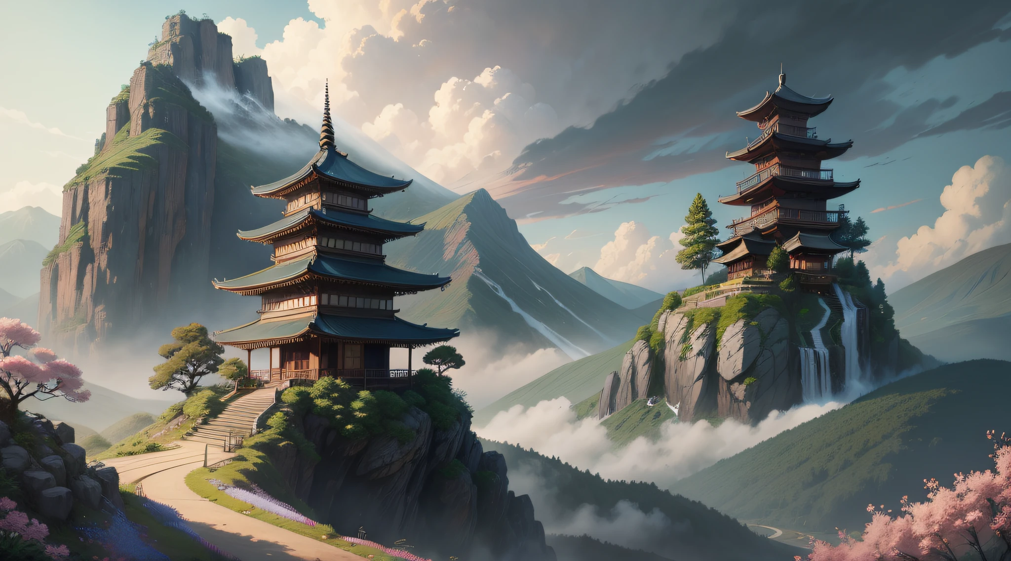There is a house with a waterfall on the hill,Flower petals in the sky, mountain tops, cloudy paintings, Detailed digital painting, digital painting concept art, inspired by Josetsu, high detail digital painting, digital painting of a pagoda, Inspired by Yoshida Hanbei, Stylized digital illustration, very detailed digital painting, environment painting, rob rey and kentarõ miura style, beautiful digital painting