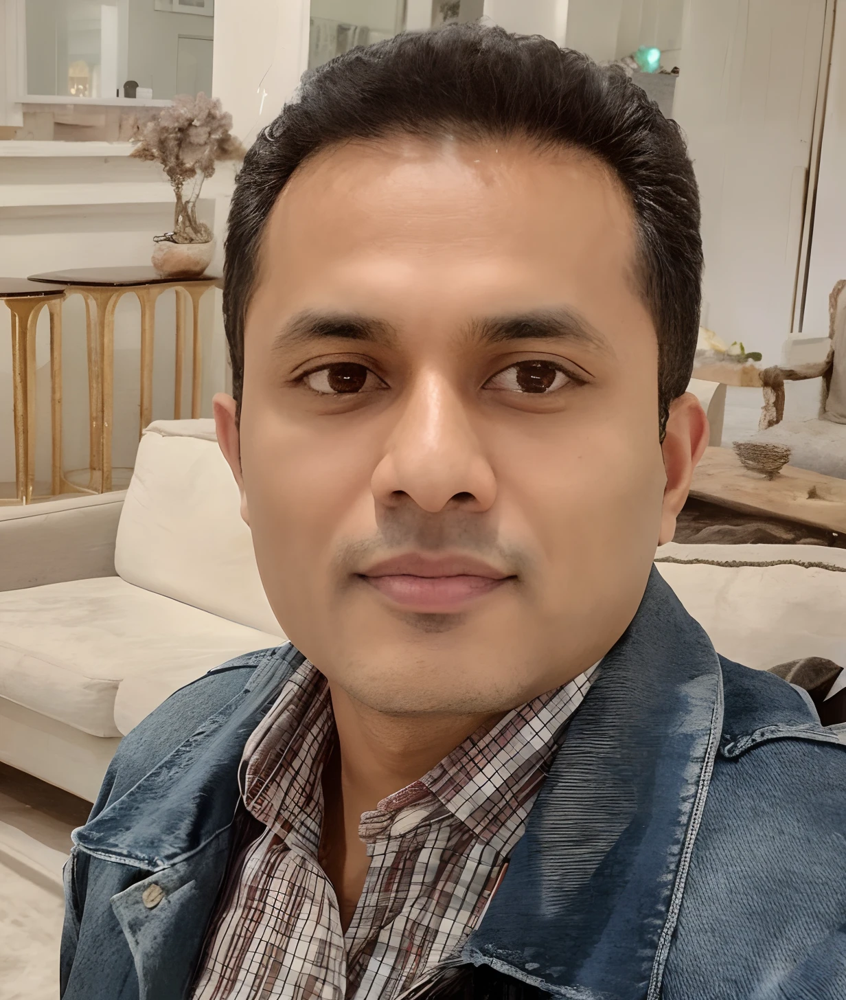 man in a denim jacket and plaid shirt in a living room, profile image, khyzyl saleem, profile pic, inspired by Narayan Shridhar Bendre, profile picture, mohamed chahin, inspired by Bikash Bhattacharjee, about 3 5 years old, professional profile picture, kyza saleem, inspired by Rajesh Soni