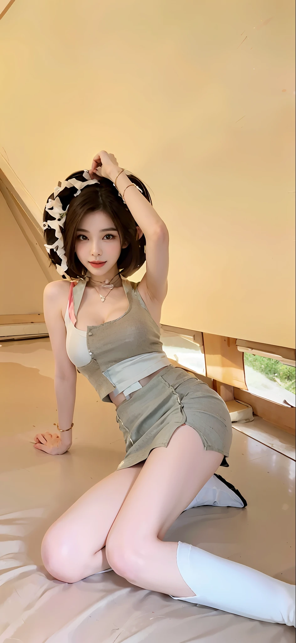 (((Medium hair))), best qualtiy, 8K, hdr, A high resolution, absurderes:1.2, blur backgroun, Background bokeh:1.2, photography of, (RAW photo:1.2), (真实感:1.4), (Masterpiece:1.3), (complexdetails:1.2), 1girll, 独奏, japanaese girl, delicated, Beautiful detailed, (Detailed eyes), (Detailed facial features), Bigboobs, (((Large breasts))), Skin Firm, (Looking_at_peeping at the viewer), From_Front, (being thin),(best qualtiy:1.4),(超A high resolution:1.2),cinematic lighitnglamplight,(Extremely detailed illustration),(Gloss on lips,best qualtiy,超A high resolution,depth of fields,Caustics,Extensive illumination,naturalshadow,85mm, f/1.4, iso 200, 1/160s:0.75),1girll, Solo, (((Silk vest))) Smile, ((silk garment,pleatedskirt,Classroom))