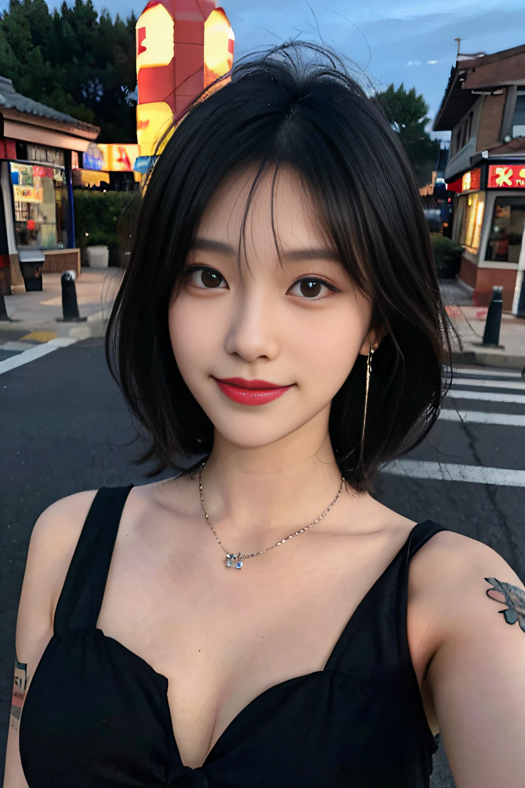 Best image quality, RAW photos, Super high resolution, Close-up above the chest, Bright smile, Korean, Very big breasts, cleavage, Black hair, Bob, short cut, neatly matched bangs, Sexy formal wear, Beautiful eyes, Very thin lips, beautiful eyes with details, slender eyes, Blush, Long eyelashes, beautiful double eyelid, eye shadows, Earrings, necklace, tattoo, In front of the station at night