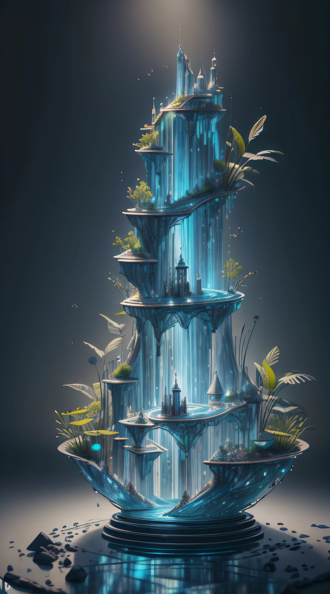 obra-prima da escultura de vidro com plantas dentro, "Montanha de Flor e Fruta + Fada + Arquitetura Chinesa", water, brilho, fantasia, alta qualidade, alto detalhe, melhor qualidade, rtx, 4k, 8k,