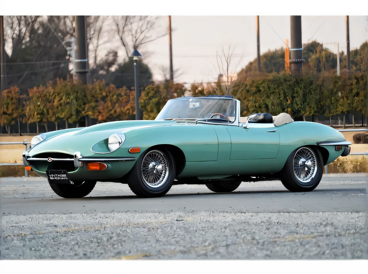 Green car parked in the parking lot near the fence, Jaguar E - Types, ( ( ( ( ( Jaguar E-Type Car, jaggers, soft top, convertable, convertable, classic car, masterpiece w 1024, hali々and classic look, vintage - w 1 0 2 4, profile shot, Roadster, profile, fan favorite, rendered