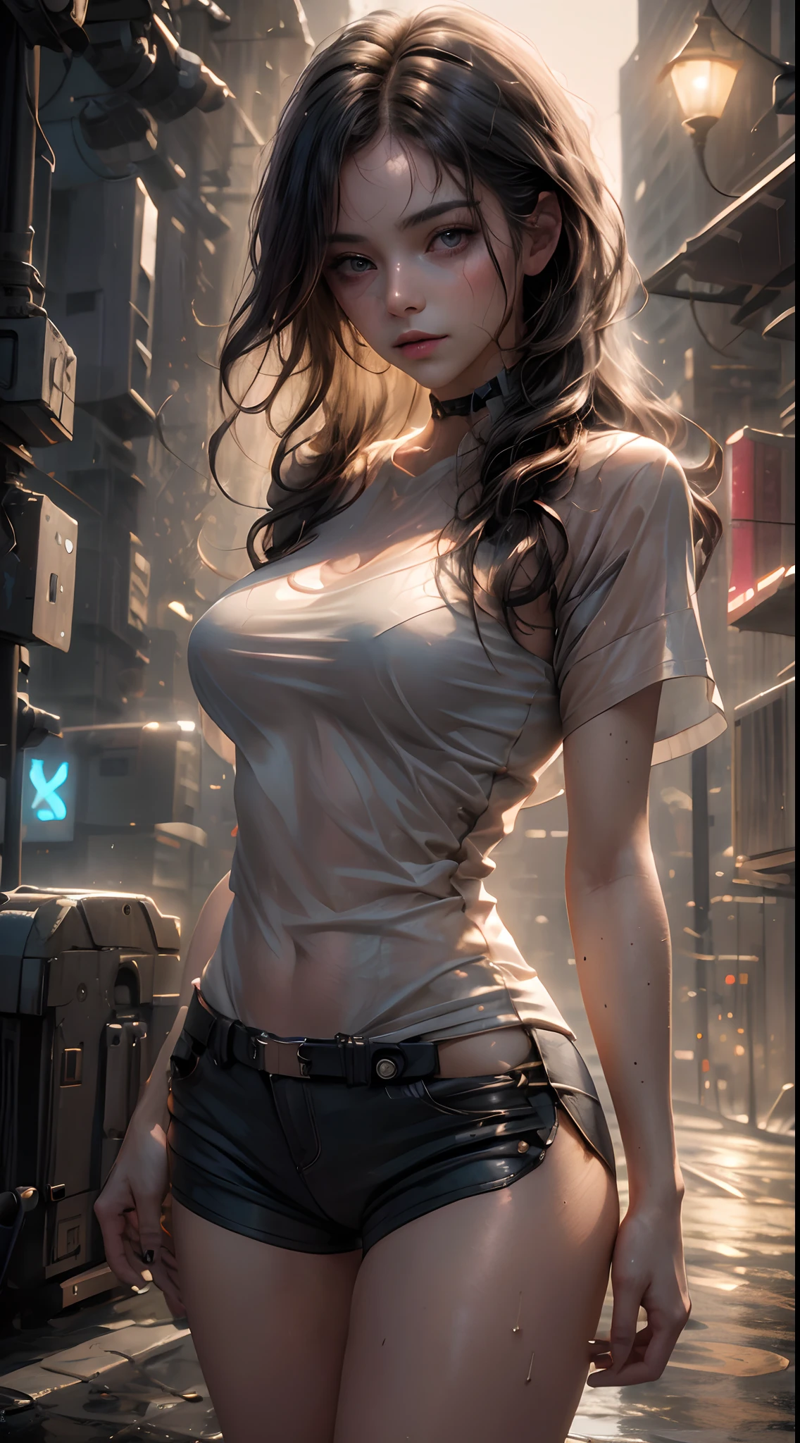 Beautiful woman with wavy hair, delicate and charming eyes, thigh notch, sexy long legs, t-shirt in small shorts, beautiful futuristic cyberpunk + city, mist, damp, rain, best quality masterpiece, realistic, detailed, 8k, HDR, shallow depth of field, wide light, high contrast, backlight, flood, flash, chromatic aberration, sharp focus, RAW color photo