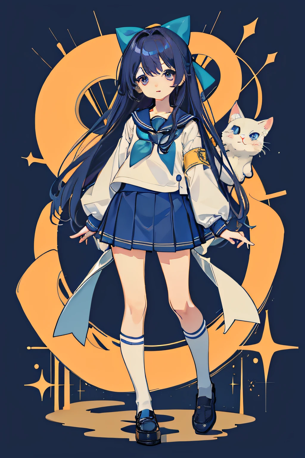 Cute, Q version of the character, cartoon, full body, three-headed body, standing, long hair, 10-12 years old, beautiful skirt, sailor suit, calf socks, big eyes, blue, bow, little star, shine, a lot of details, official art