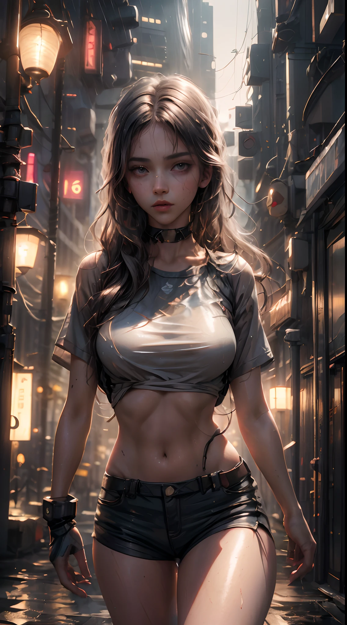 NSFW, (melhor qualidade: 1.2), (obra-prima: 1.2), (detalhado: 1.2),  AFRICAN PRINCESS, 1girl, a girl as a lifeguard, Standing with hands on hips, looking down at the ground, in the sun on a white lifeguard tower, Swim board, skinny, abs, ribs, flat chested, small breasts (perfect anatomy), (detailed eyebrows, beautiful eyes, realistic skin, detailed face:1. 3),A-line skirt,Rose gold hair, Straight hair,(intricately detailed post apocalyptic ruins ((intricately detailed rusty decayed overgrown building)) , ultra realistic, concept art, elegant, highly detailed, intricate, sharp focus, depth of field, f/1.8, 85mm, medium shot, mid shot, (centered image composition), (professionally color graded), ((bright soft diffused light)), volumetric fog, trending on instagram, trending on tumblr, hdr 4k, 8k