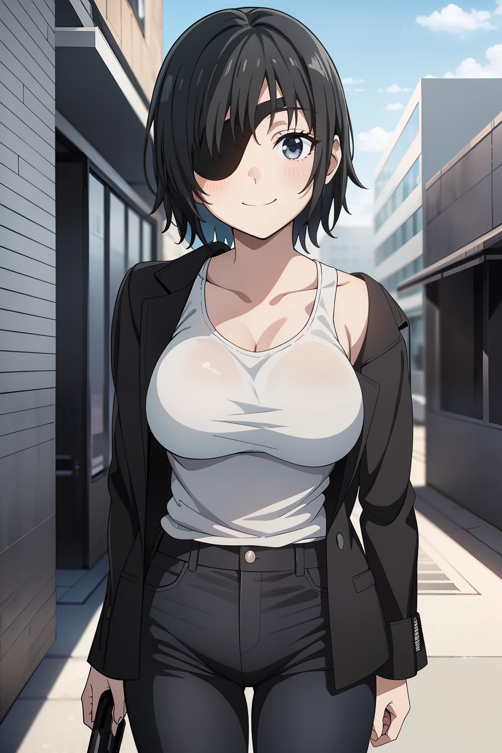 Himeno , Dressed in a black Modern street style jacket , under it she wears a dark short tank top , a Black Modern street style Jeans , Modern street style Silver and blue colored sports boots , Smiles