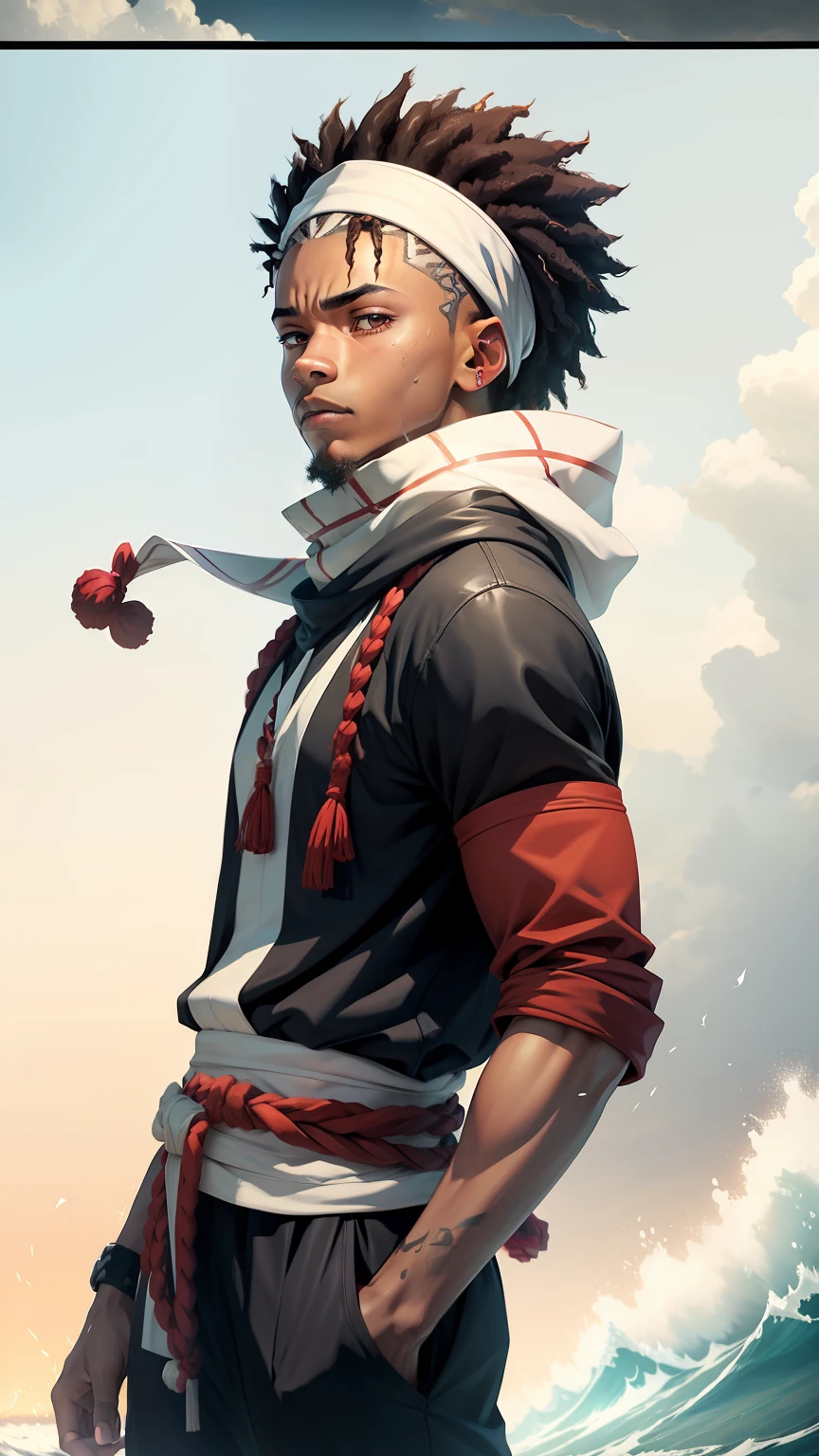 A mixed race light skinned African American male with anime spiked back hair, Red sleeves and hands in pockets, red sweat band with a black line and a white line on the sweat band, with a long white shinobi scarf flowing in the wind standing in a dream like world standing on water on an endless sea horizon with endless clouds floating above, photo realistic