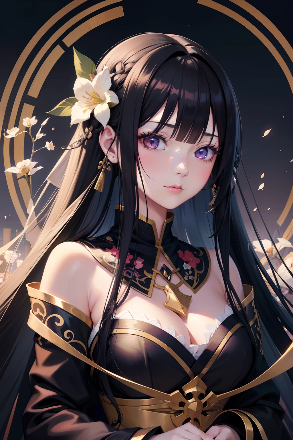 Anime girl with long black hair and flowers in her hair, an anime drawing by Yang J, pixiv contest winner, Fantasy art, Detailed digital anime art, style of anime4 K, detailed portrait of an anime girl, Beautiful anime artwork, Anime art wallpaper 4k, Anime art wallpaper 4 K, a beautiful anime portrait, Digital anime illustration, Anime style illustration